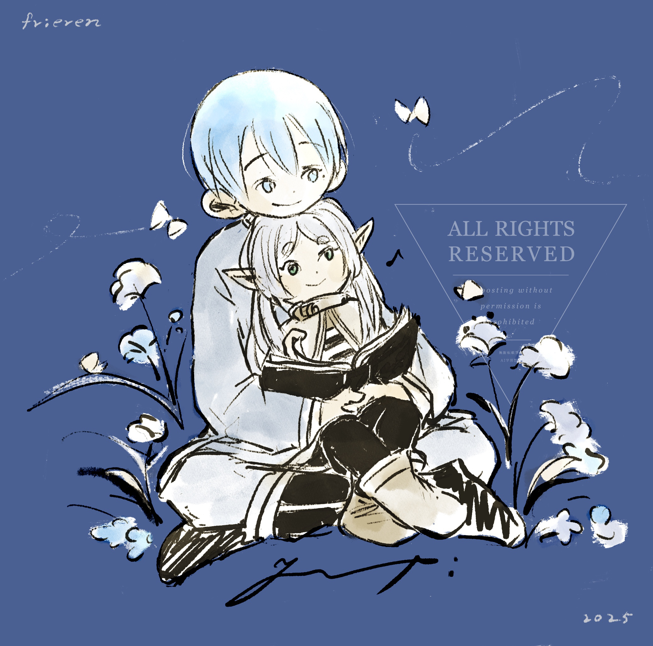 frieren, himmel (sousou no frieren), sousou no frieren, commentary request, highres, 1boy, 1girl, black pants, blue background, blue eyes, book, bug, butterfly, capelet, closed mouth, copyright name, cuddling, dated, dot nose, double-parted bangs, elf, forehead, green eyes, grey hair, grey shirt, holding, holding book, indian style, insect, kochyan52jp, long sleeves, musical note, open book, pants, parted bangs, pointy ears, red eyes, shirt, short hair, sitting, smile, striped clothes, striped shirt, very short hair, watermark, white capelet