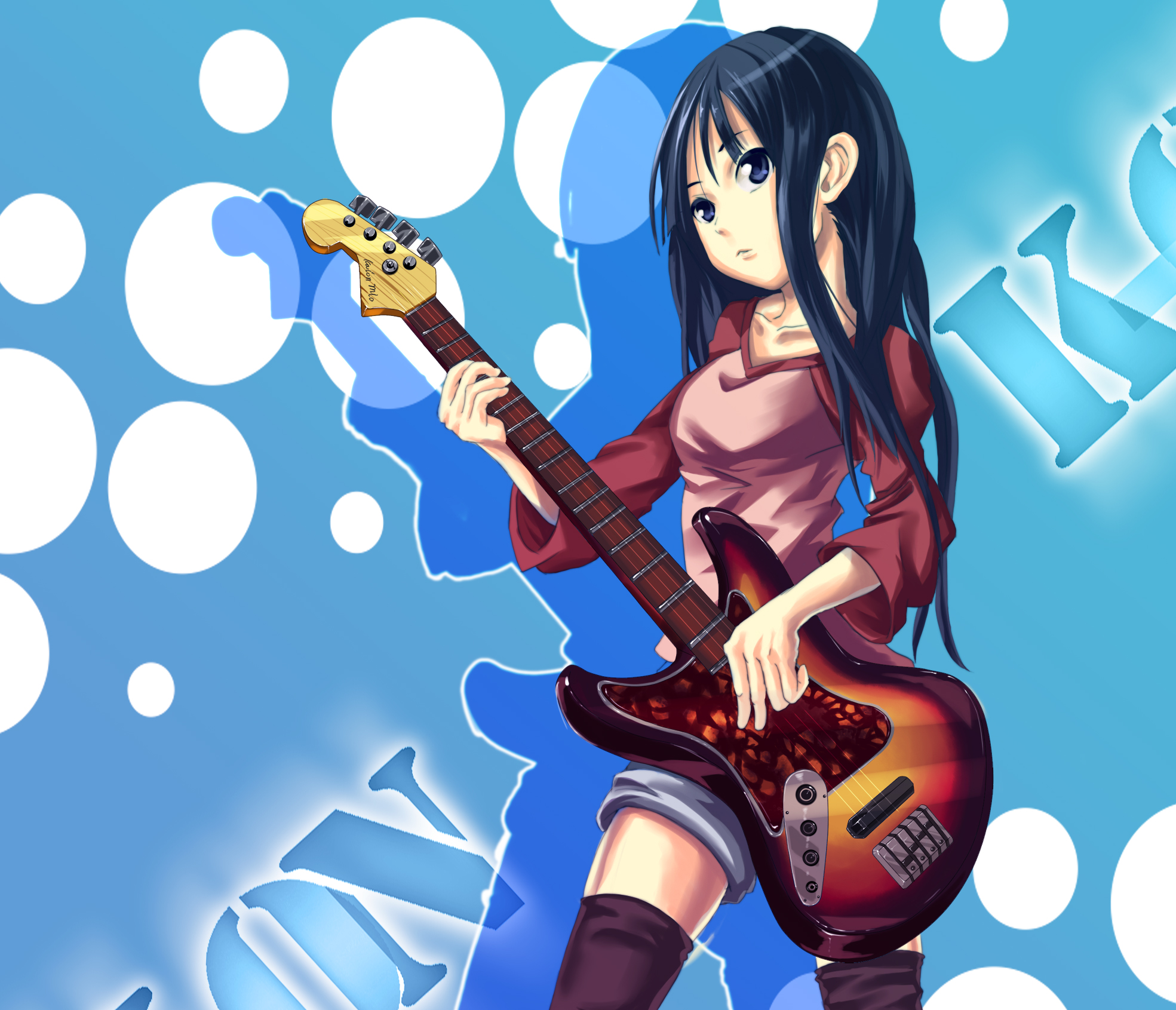 pondel, akiyama mio, k-on!, highres, 00s, 1girl, bass guitar, blue eyes, blue hair, female focus, guitar, instrument, long hair, matching hair/eyes, raglan sleeves, solo, thighhighs
