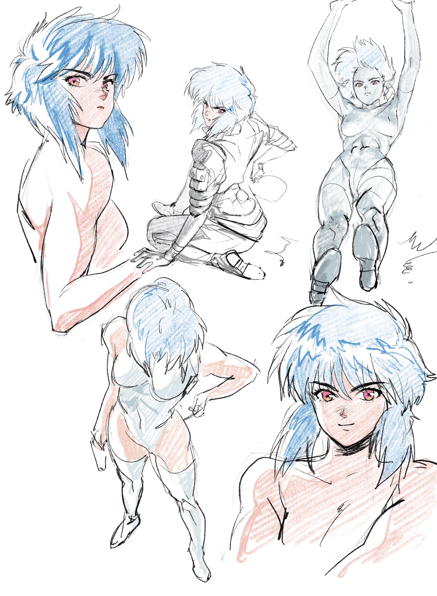 aizheajsee, kusanagi motoko, ghost in the shell, highres, 1girl, blue hair, kneeling, leotard, looking at viewer, medium hair, multiple views, red eyes, solo, thighhighs, white background