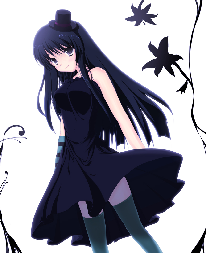 ribi (bluenami), akiyama mio, don't say "lazy", k-on!, 00s, 1girl, black eyes, black hair, dress, female focus, fingerless gloves, gloves, hat, long hair, mini hat, mini top hat, smile, solo, thighhighs, top hat