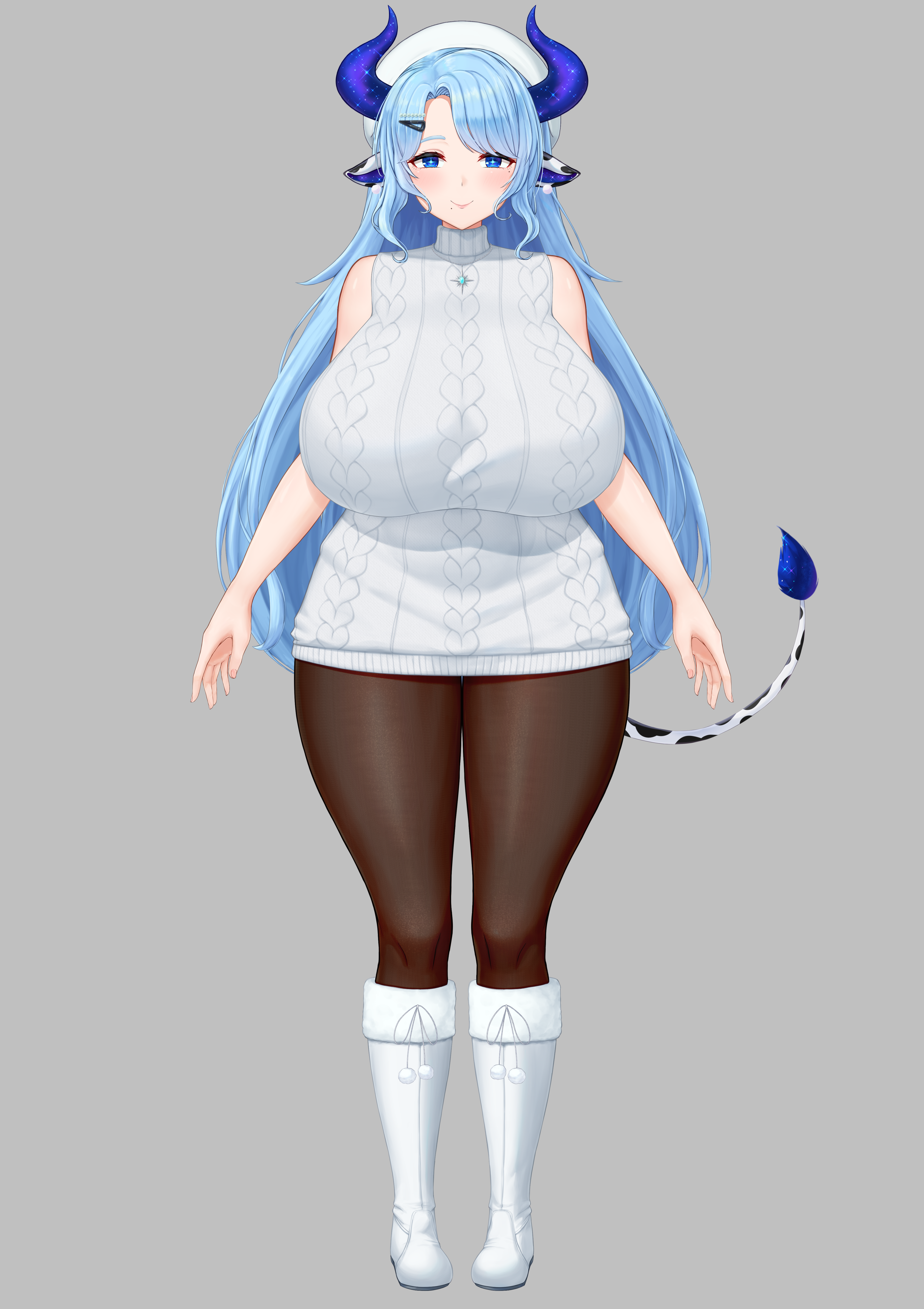 cream cod, miilkywayz, indie virtual youtuber, absurdres, highres, official art, second-party source, 1girl, animal ears, animal print, arms at sides, beret, blue eyes, blue hair, blue horns, blue pupils, boots, breasts, bright pupils, closed mouth, cow ears, cow girl, cow tail, full body, grey background, hair ornament, hairclip, hat, horns, huge breasts, jewelry, long hair, mole, mole under eye, mole under mouth, necklace, open hands, pantyhose, parted bangs, pom pom (clothes), sidelocks, simple background, sleeveless, sleeveless sweater, solo, standing, star-shaped pupils, star (symbol), straight-on, sweater, symbol-shaped pupils, tachi-e, tail, thick thighs, thighs, turtleneck, turtleneck sweater, virtual youtuber, white boots, white hat, white sweater