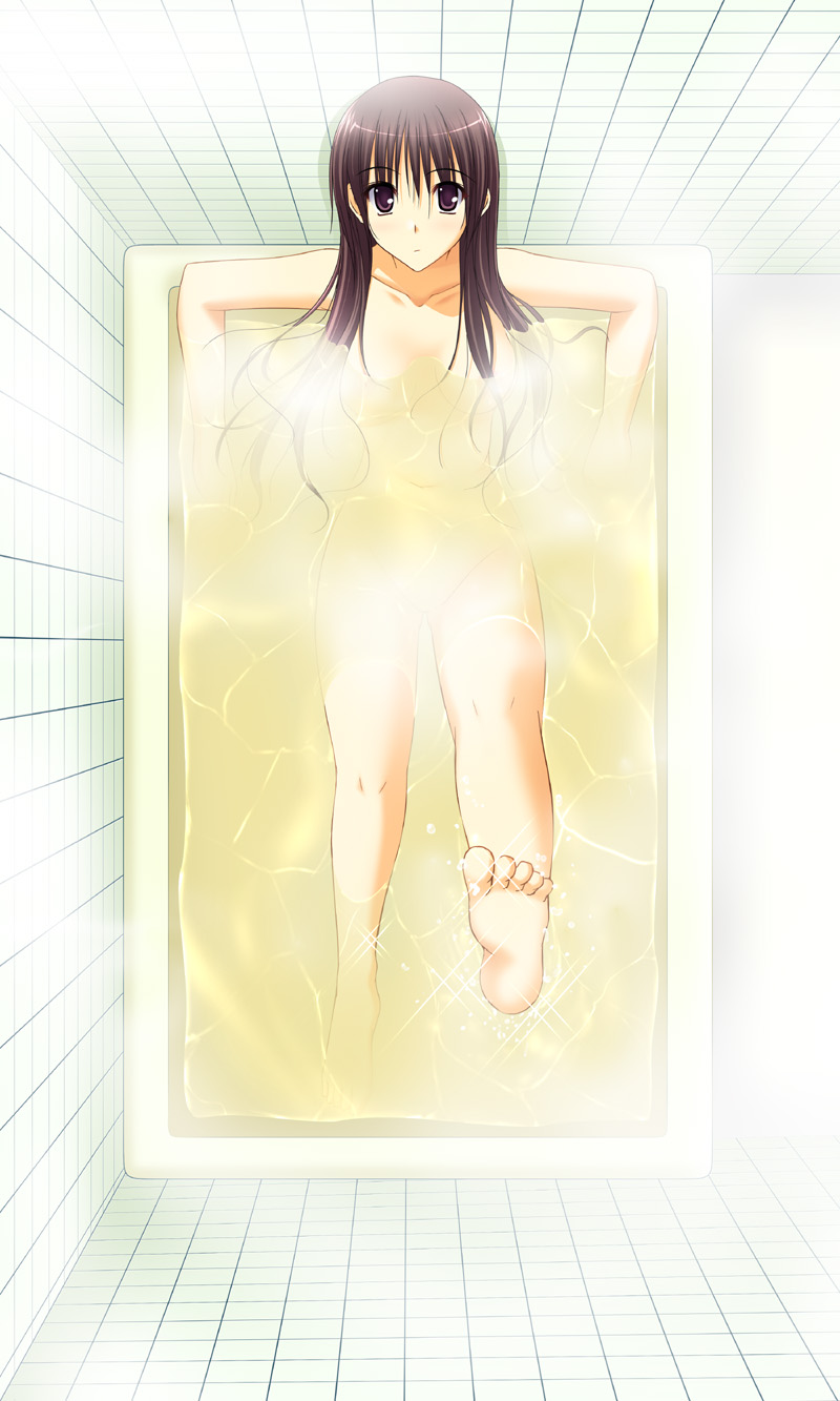 takepon, original, highres, barefoot, bath, brown hair, censored, convenient censoring, feet, leg lift, long hair, purple eyes, purple hair, solo, steam