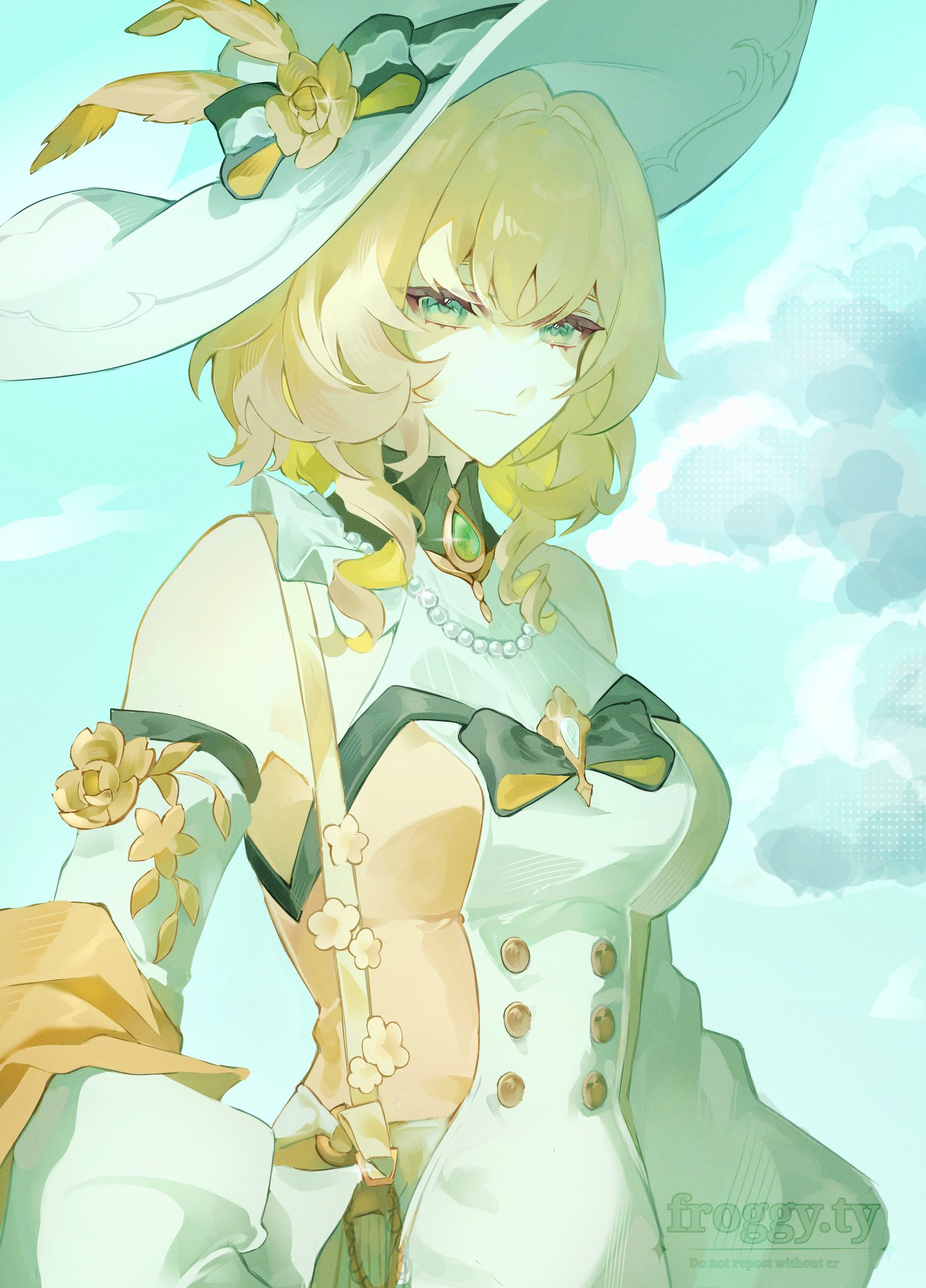 aglaea (honkai: star rail), aglaea (mom's touch) (honkai: star rail), honkai: star rail, honkai (series), hashtag-only commentary, highres, 1girl, bag, blonde hair, bow, breasts, detached sleeves, dress, floral print, flower, frogggyty, gem, green eyes, hat, hat flower, hat ornament, jewelry, large breasts, necklace, official alternate costume, pearl necklace, short hair, sun hat, yellow dress
