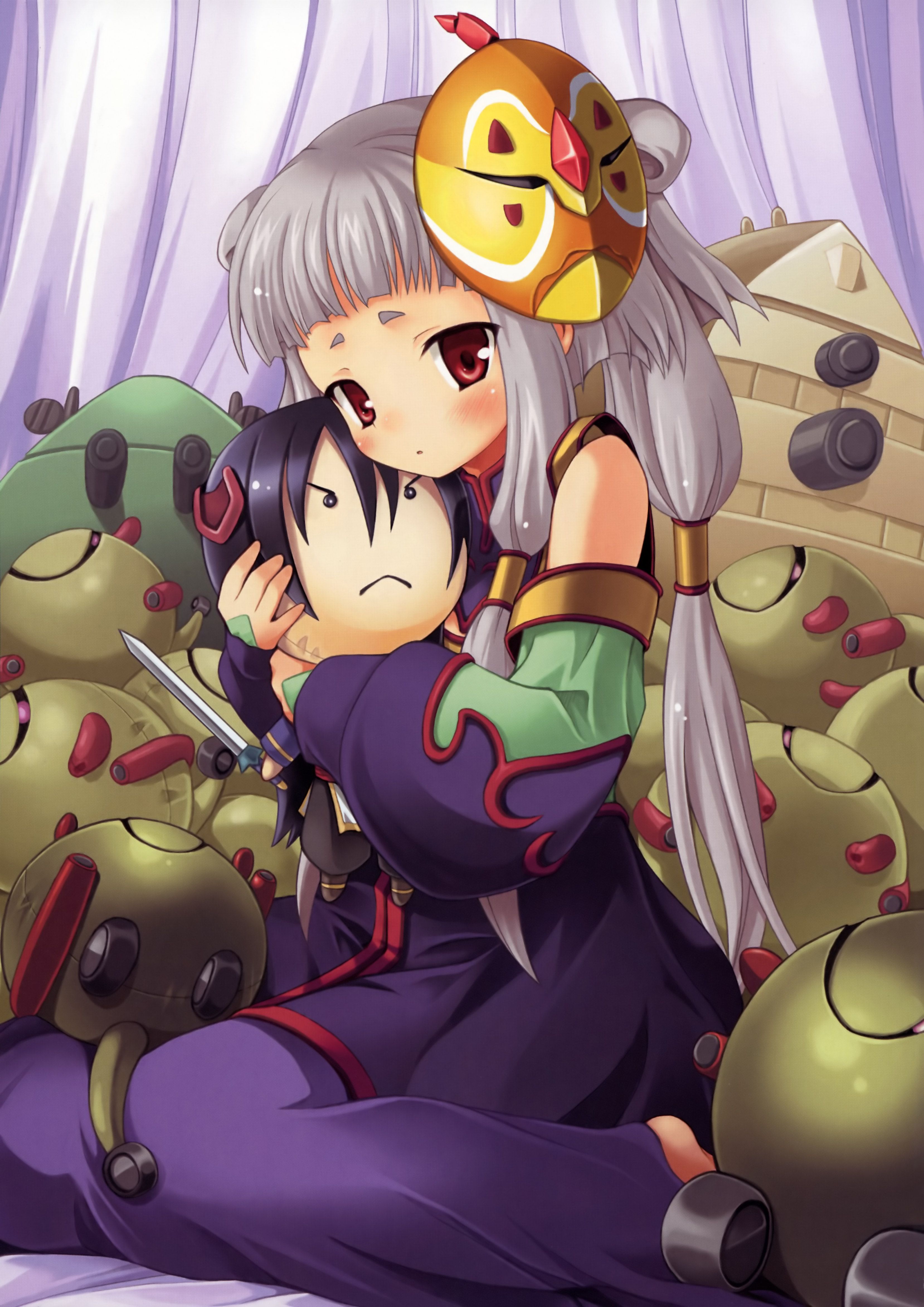 torishimo, li xingke, tianzi, code geass, absurdres, highres, 00s, barefoot, blush, child, detached sleeves, grey hair, long hair, mask, quad tails, red eyes, solo