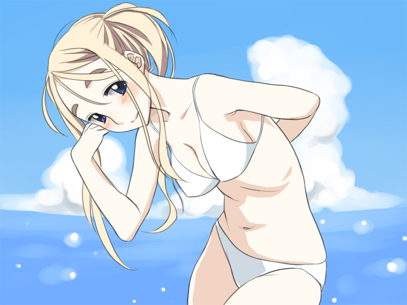 gk, kotobuki tsumugi, k-on!, eyebrows, bad id, bad pixiv id, 00s, 1girl, alternate hairstyle, bent over, bikini, blonde hair, blue eyes, day, female focus, long hair, looking at viewer, solo, swimsuit, white bikini