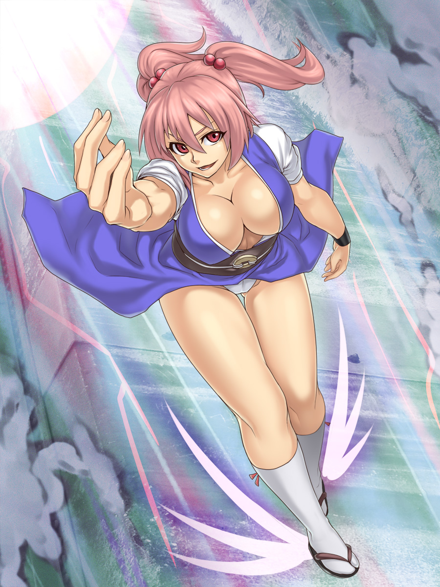houtengeki, onozuka komachi, touhou, highres, 1girl, breasts, cleavage, female focus, foreshortening, large breasts, looking at viewer, open mouth, outstretched arm, panties, pink eyes, pink hair, red eyes, red hair, sandals, short hair, short twintails, solo, twintails, two side up, underwear, zouri
