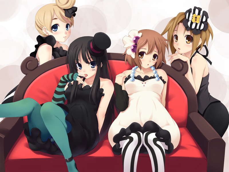 fujirin, akiyama mio, hirasawa yui, kotobuki tsumugi, tainaka ritsu, don't say "lazy", k-on!, striped legwear, vertical-striped legwear, 00s, 4girls, :o, arm behind back, black eyes, black hair, blonde hair, blue pantyhose, blush, brown eyes, brown hair, couch, detached sleeves, dress, elbow gloves, facepaint, fingerless gloves, frills, gem, gloves, hair bun, hair ornament, hand on own chin, hat, ho-kago tea time, knees together feet apart, licking, licking finger, long hair, looking at viewer, mini hat, mini top hat, multiple girls, pantyhose, patterned legwear, pearl (gemstone), red upholstery, short hair, single hair bun, sitting, striped clothes, striped pantyhose, tongue, top hat, vertical-striped clothes, vertical-striped pantyhose, wide hips