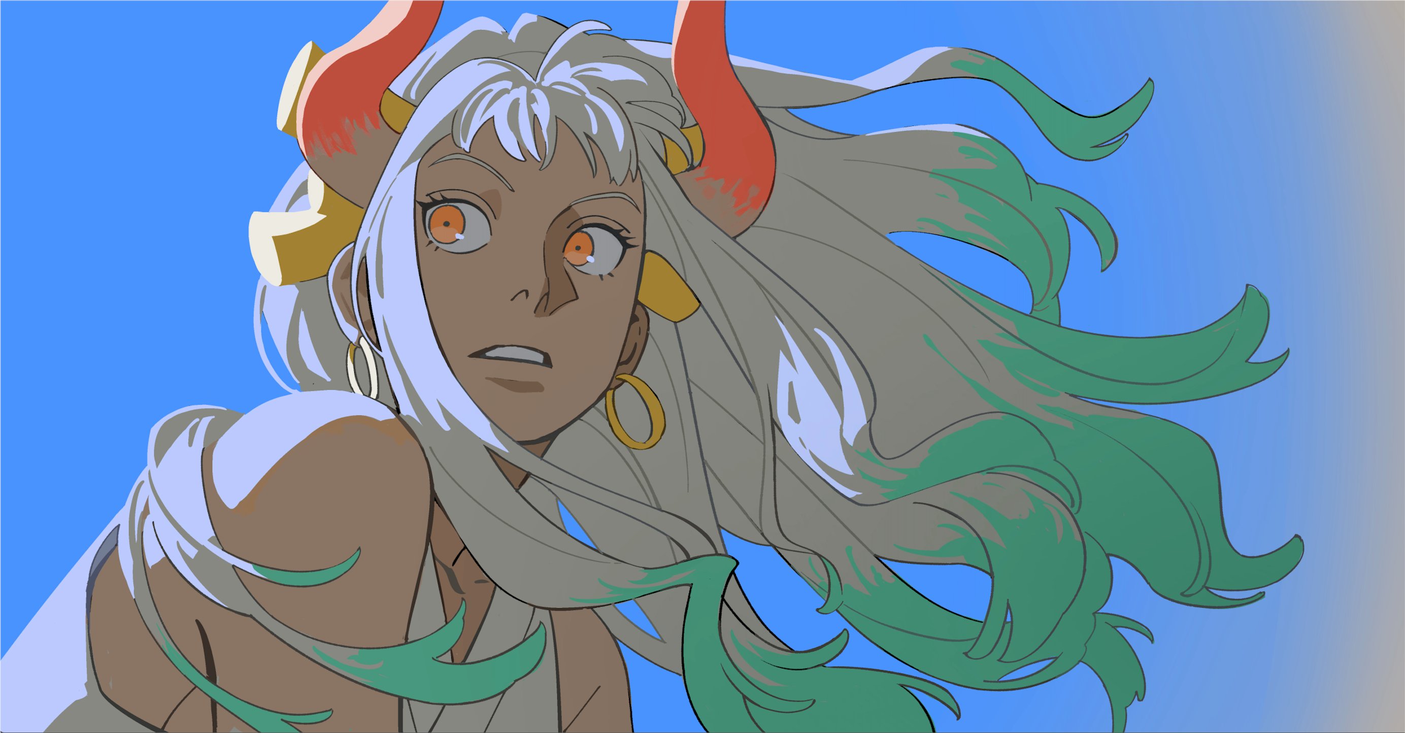 nyan 2020, yamato (one piece), one piece, highres, 1girl, aqua hair, blue background, earrings, gold earrings, gradient background, hair flowing over, hair ornament, hoop earrings, horns, jewelry, long hair, looking to the side, oni, orange pupils, parted lips, red horns, shirt, sidelocks, sleeveless, sleeveless shirt, white hair, white shirt