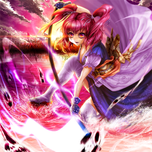 inuboe, onozuka komachi, touhou, bad id, bad pixiv id, 1girl, alternate weapon, breasts, cleavage, clog sandals, female focus, fingerless gloves, gloves, large breasts, okobo, platform sandals, red eyes, red hair, sandals, scythe, short hair, solo, twintails, two side up, water, weapon