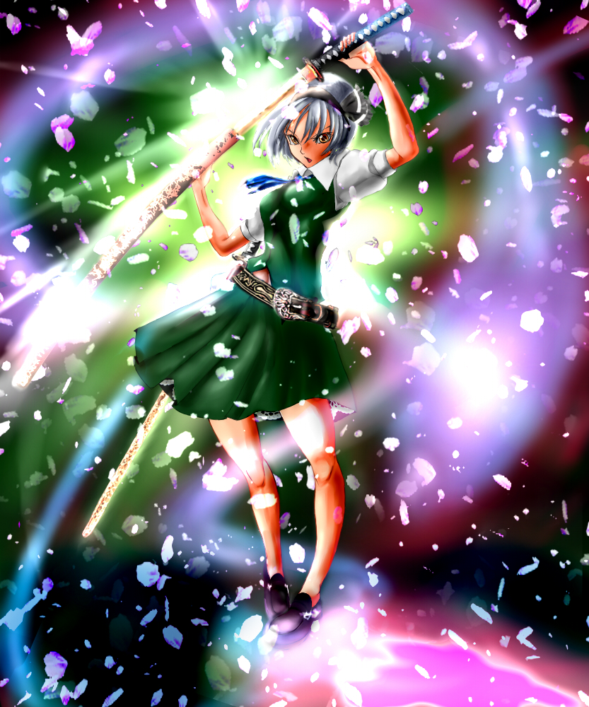 reri, konpaku youmu, konpaku youmu (ghost), touhou, silver hair, bad id, bad pixiv id, 1girl, angry, belt, dress, female focus, hairband, hitodama, katana, petals, sheath, short hair, solo, sword, unsheathing, weapon, yellow eyes