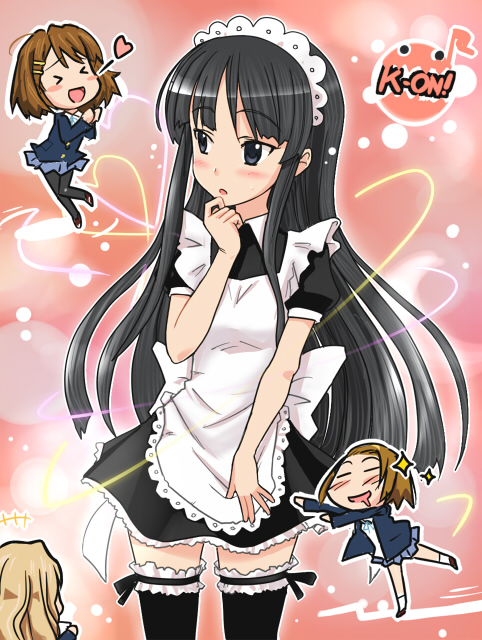 urokozuki, akiyama mio, hirasawa yui, kotobuki tsumugi, tainaka ritsu, k-on!, frilled legwear, 00s, 4girls, alternate costume, black eyes, black hair, chibi, enmaided, heart, ho-kago tea time, long hair, maid, maid headdress, multiple girls, pantyhose, school uniform, thighhighs, zettai ryouiki