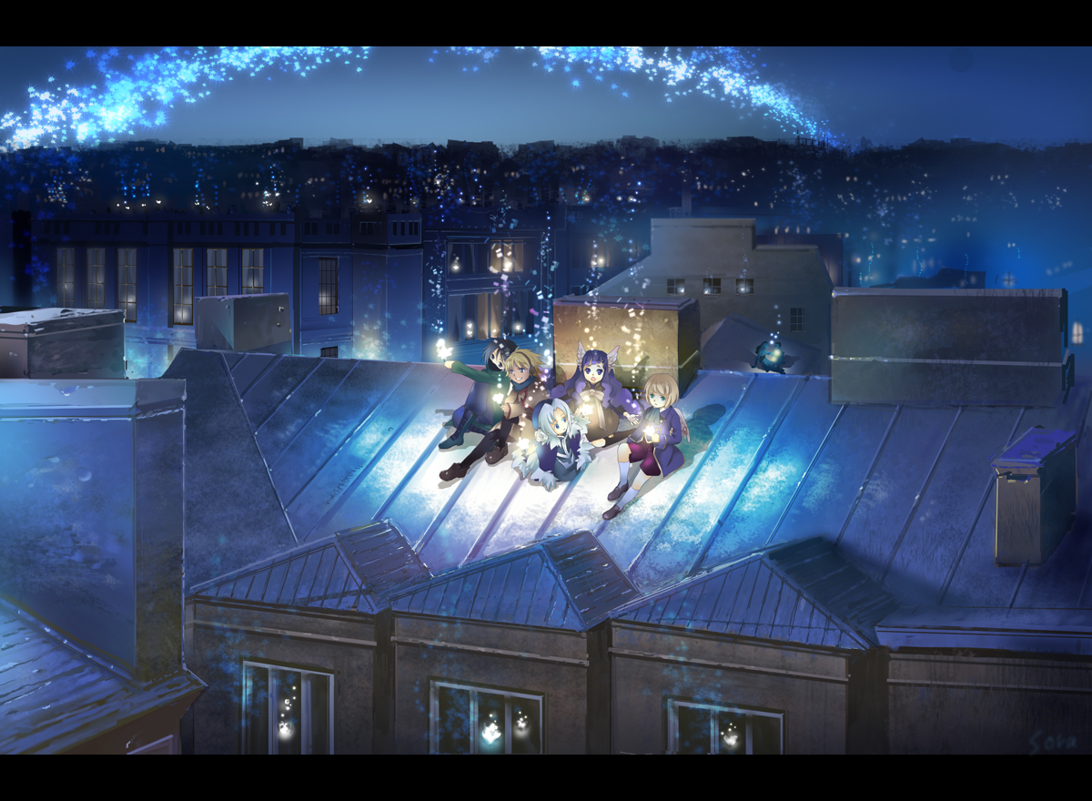fujisaka kuuki, pixiv fantasia, pixiv fantasia 3, bad id, bad pixiv id, 2boys, 3girls, letterboxed, magic, multiple boys, multiple girls, night, rooftop