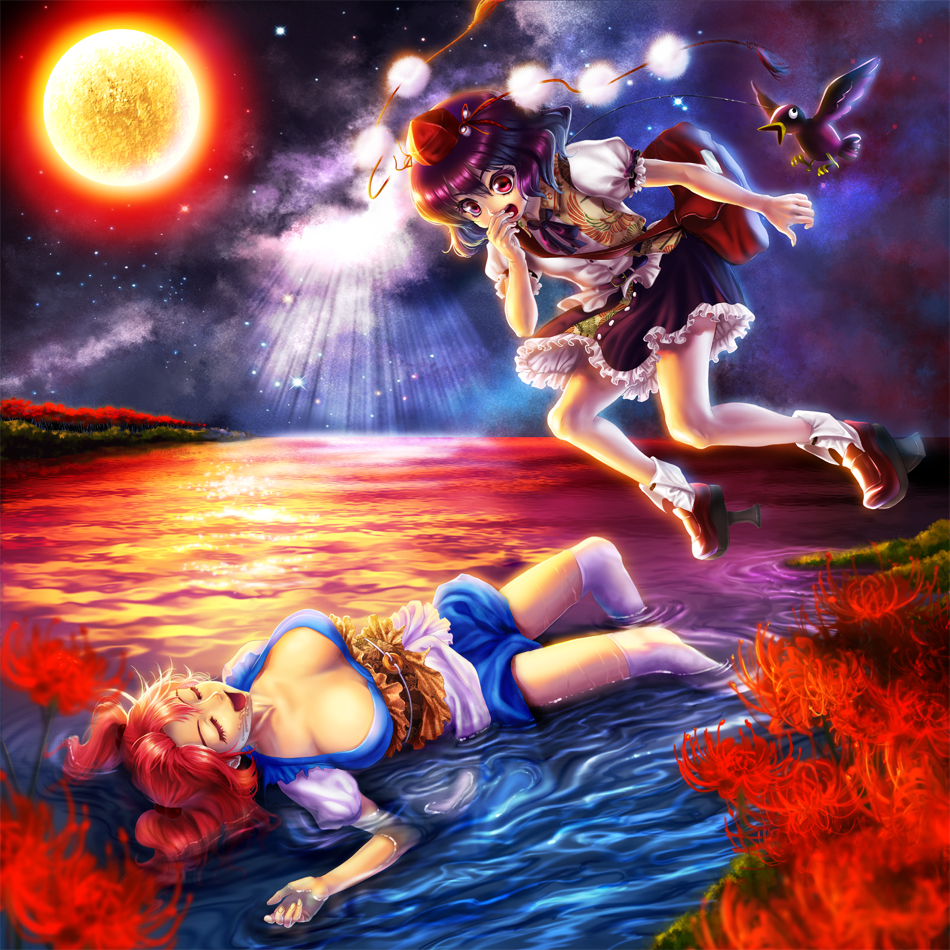 inuboe, onozuka komachi, shameimaru aya, touhou, bad id, bad pixiv id, 2girls, album cover, bird, black hair, breasts, cleavage, cover, female focus, flower, geta, hair bobbles, hair ornament, hat, large breasts, lying, moon, multiple girls, on back, red eyes, red flower, red hair, saliva, short hair, sky, sleeping, spider lily, star (sky), star (symbol), starry sky, tengu-geta, thighhighs, tokin hat, twintails, two side up