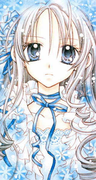 tanemura arina, tagme, 1girl, blue eyes, blue theme, female focus, ribbon, solo