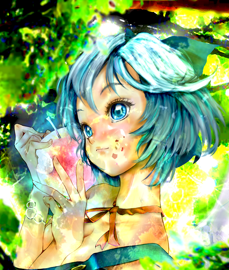 reri, cirno, touhou, looking away, bad id, bad pixiv id, 1girl, alternate breast size (larger), apple, aqua eyes, aqua hair, blue eyes, blue hair, bracelet, breasts, cleavage, eyelashes, female focus, food, food on face, fruit, jewelry, matching hair/eyes, neck ribbon, nude, ribbon, short hair, smile, solo