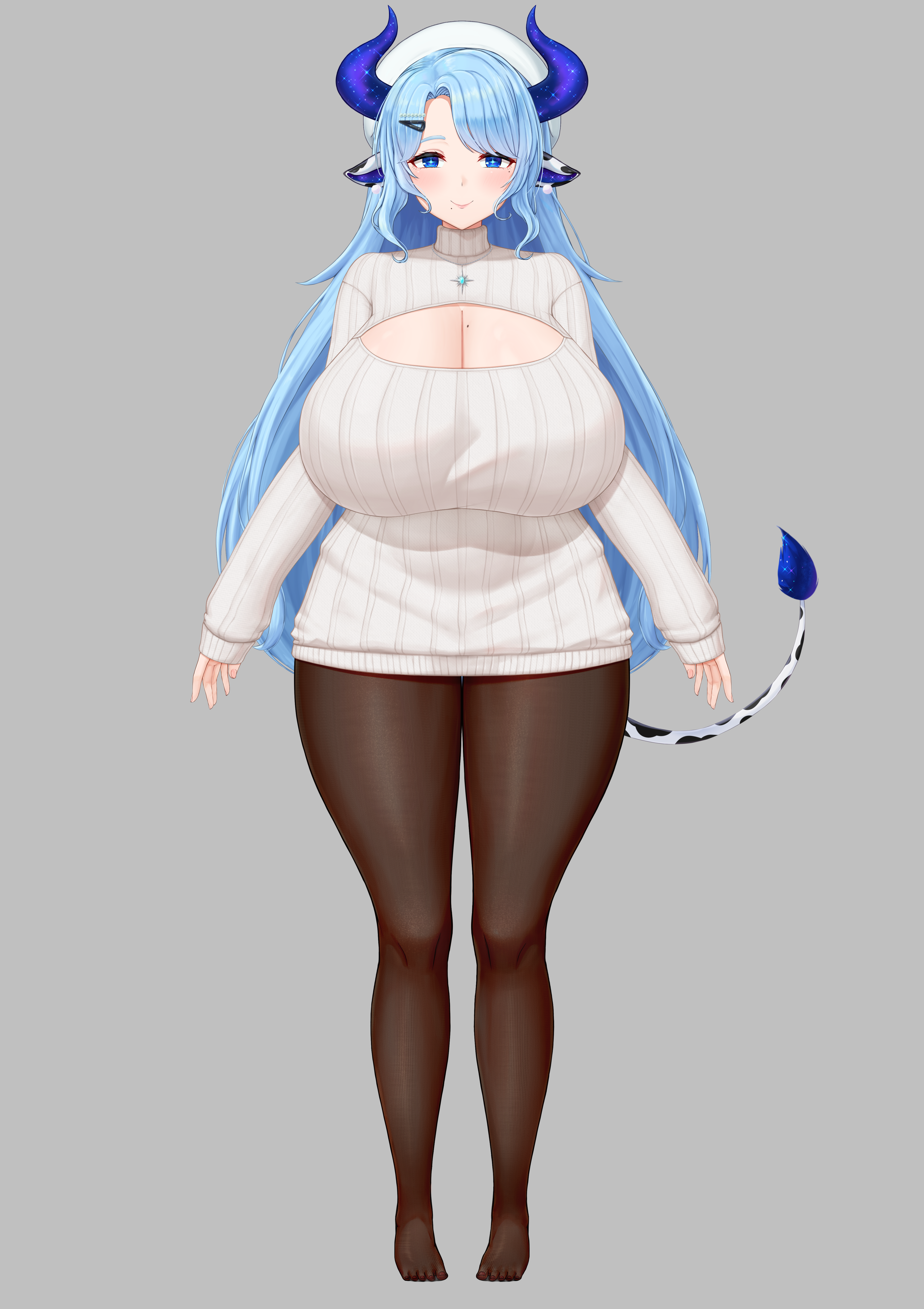 cream cod, miilkywayz, indie virtual youtuber, absurdres, highres, official art, second-party source, 1girl, animal ears, animal print, arms at sides, blue eyes, blue hair, blue horns, blue pupils, breasts, bright pupils, cleavage, cleavage cutout, closed mouth, clothing cutout, cow ears, cow girl, cow tail, feet, full body, grey background, hair ornament, hairclip, hat, horns, huge breasts, jewelry, long hair, long sleeves, mole, mole on breast, mole under eye, mole under mouth, necklace, open hands, pantyhose, parted bangs, pom pom (clothes), sidelocks, simple background, sleeves past wrists, solo, standing, star-shaped pupils, star (symbol), straight-on, sweater, symbol-shaped pupils, tachi-e, tail, thick thighs, thighs, turtleneck, turtleneck sweater, virtual youtuber, white hat, white sweater