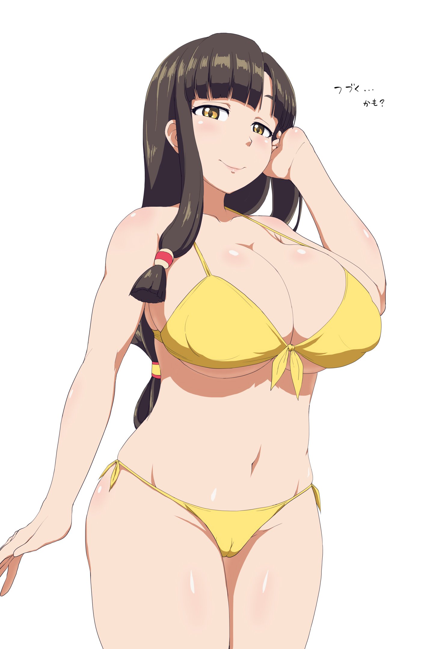 gorgonzola (paradisegom), saaya (suisei no gargantia), suisei no gargantia, source request, translated, 1girl, arm up, bikini, blush, breasts, brown hair, bursting breasts, cameltoe, cleavage, covered erect nipples, front-tie bikini top, front-tie top, hand on own head, japanese text, jewelry, large breasts, legs, long hair, looking at viewer, navel, necklace, seductive gaze, seductive smile, sideboob, smile, solo, swimsuit, thighs, thong bikini, yellow bikini, yellow eyes