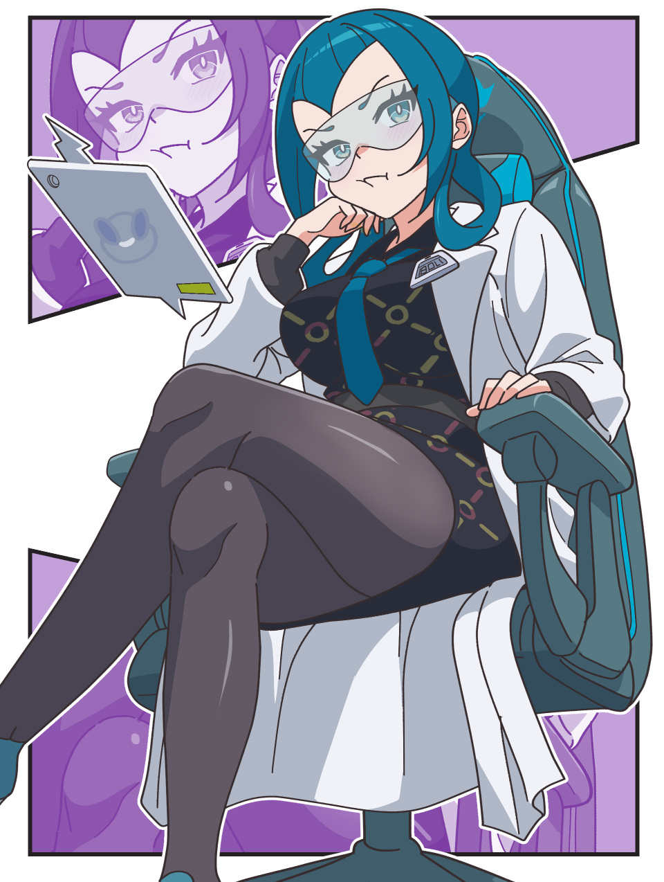 kanbei (pixiv11037490), mable (pokemon), rotom, rotom phone, nintendo, pokemon, pokemon legends: z-a, highres, 1girl, blue eyes, blue hair, border, breasts, chair, coat, collage, crossed legs, gen 4 pokemon, glasses, hair rings, lab coat, large breasts, long hair, long sleeves, looking at viewer, necktie, open clothes, open coat, open mouth, outside border, pantyhose, purple background, smile, solo, split mouth, white border, white coat