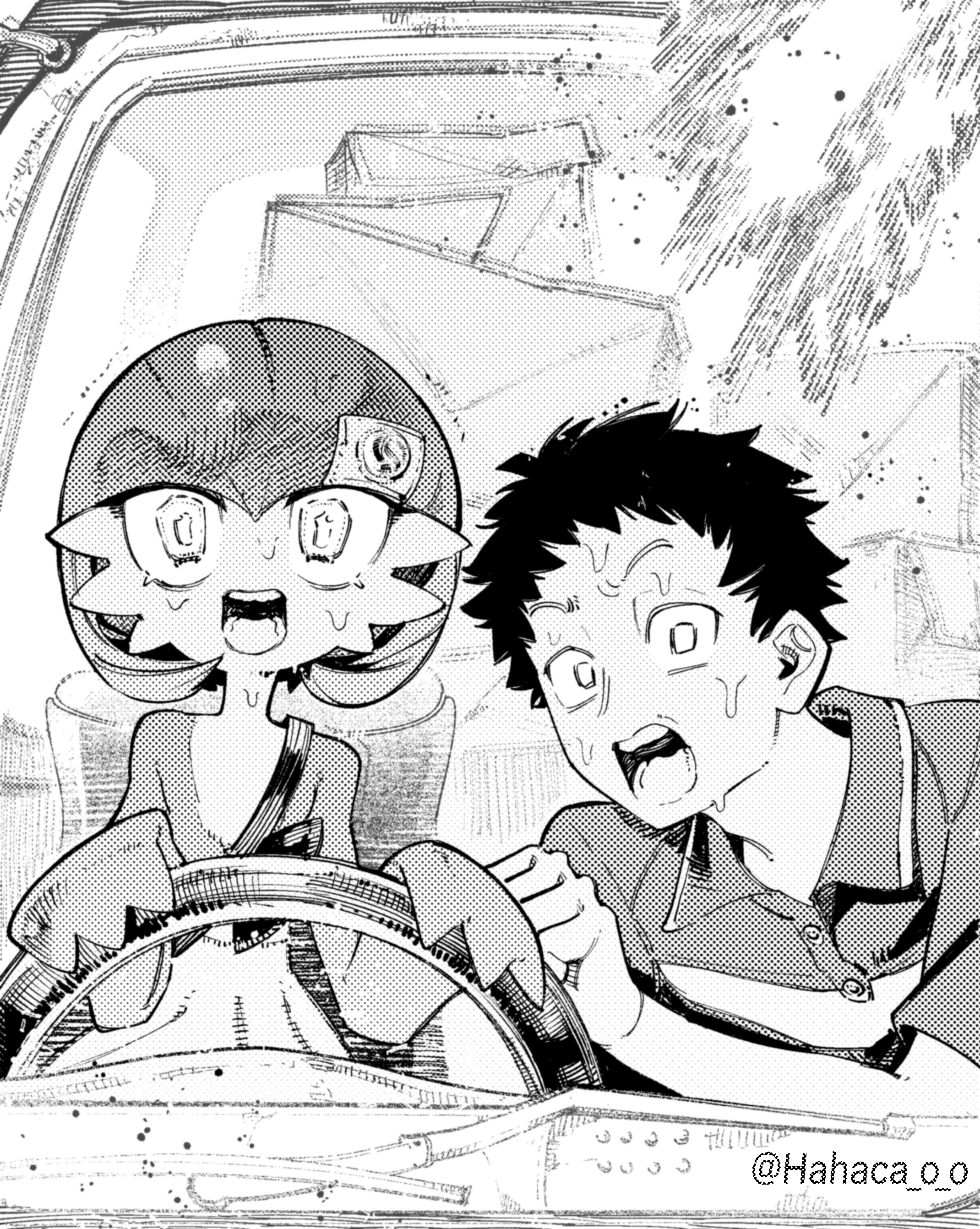 creazed, gardevoir, chainsaw man, nintendo, pokemon, absurdres, highres, 1boy, bob cut, car, car interior, car seat, clothed pokemon, colored skin, driving, gen 3 pokemon, hair over one eye, meme, motor vehicle, no feet, one eye covered, panicking, pokemon (creature), power crashes kobeni's car (meme), seatbelt, steering wheel, sweat, sweatdrop, white skin