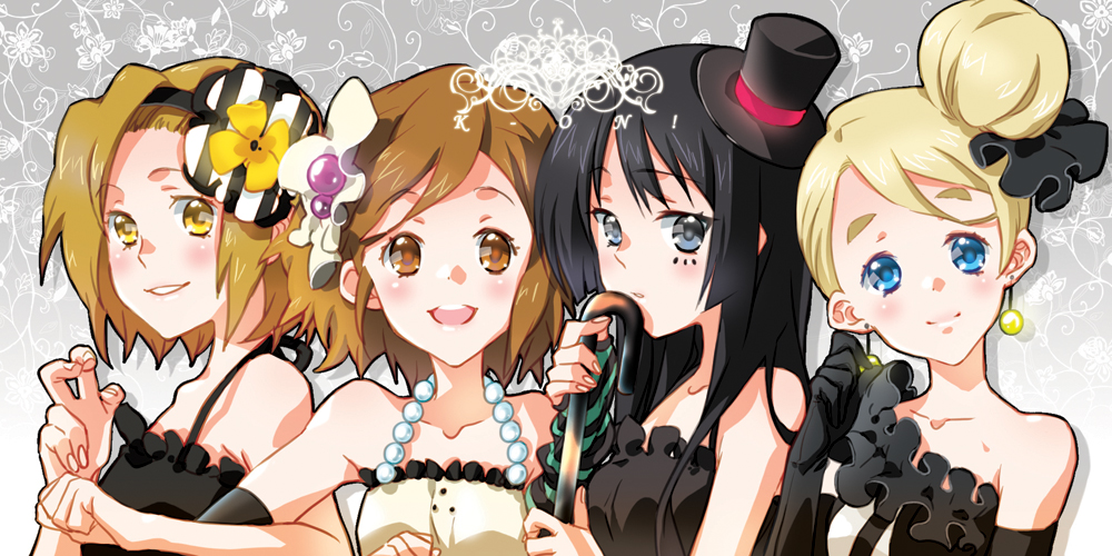 ayto, akiyama mio, hirasawa yui, kotobuki tsumugi, tainaka ritsu, don't say "lazy", k-on!, bad id, bad pixiv id, 00s, 4girls, black eyes, black hair, blonde hair, blue eyes, brown eyes, brown hair, facepaint, hair bun, hat, ho-kago tea time, long hair, mini hat, mini top hat, multiple girls, short hair, single hair bun, top hat