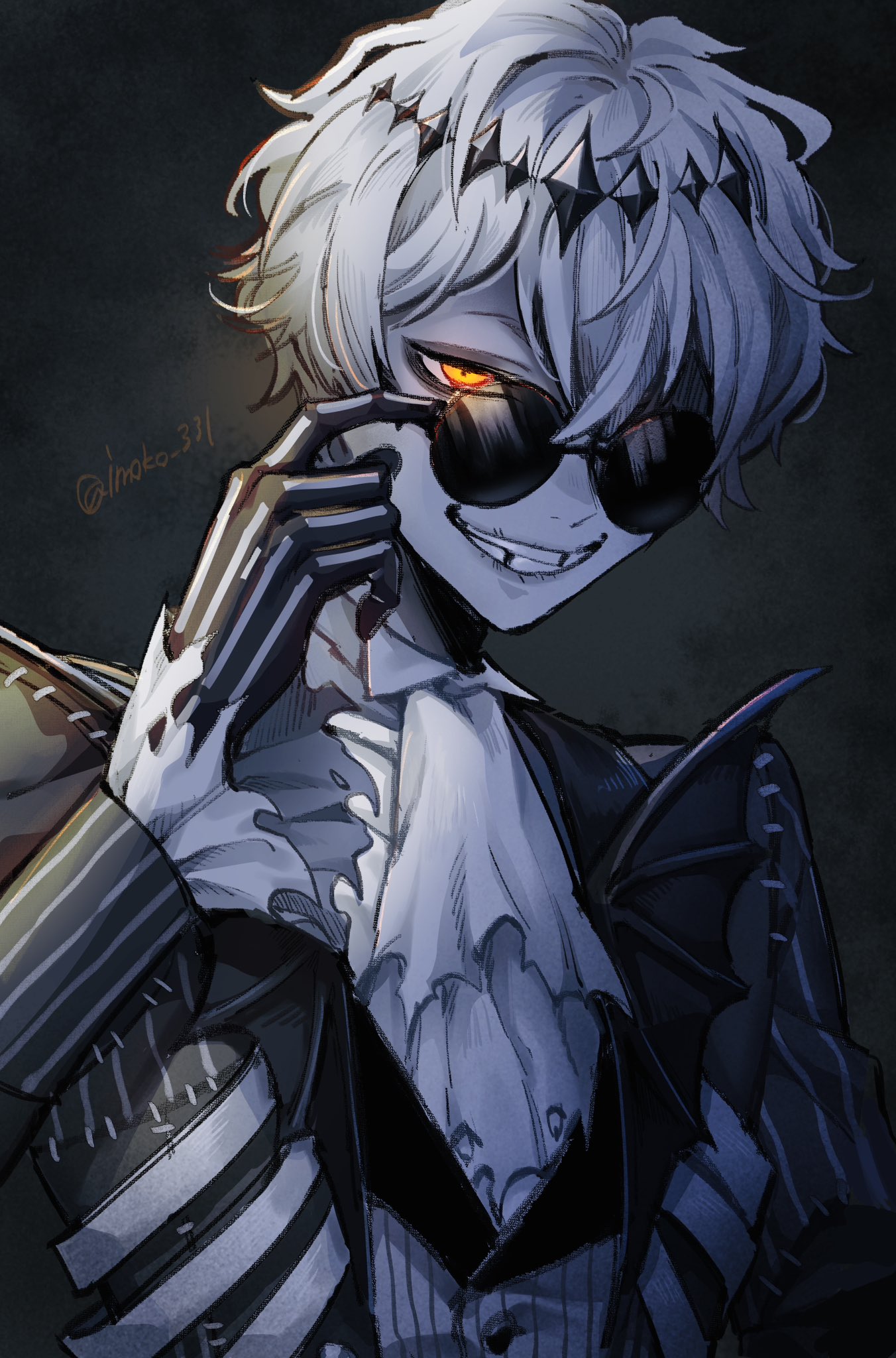 imoko 331, skully j. graves, twisted wonderland, highres, 1boy, ascot, black crown, black gloves, crown, diamond hairband, formal clothes, gloves, jacket, long sleeves, looking at viewer, male focus, missing tooth, orange eyes, pinstripe jacket, pinstripe pattern, pinstripe suit, pinstripe vest, round eyewear, short hair, skeleton, skeleton print, smile, solo, stitches, striped clothes, striped jacket, striped vest, suit, sunglasses, vertical-striped clothes, vertical-striped jacket, vertical-striped vest, vest, white hair