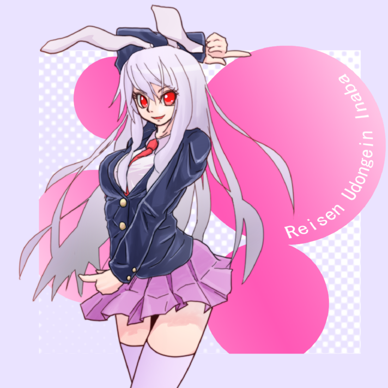 fugu (artist), hetarefog, reisen udongein inaba, touhou, light purple hair, 1girl, animal ears, blazer, female focus, jacket, long hair, pleated skirt, purple hair, rabbit ears, red eyes, skirt, solo, thighhighs