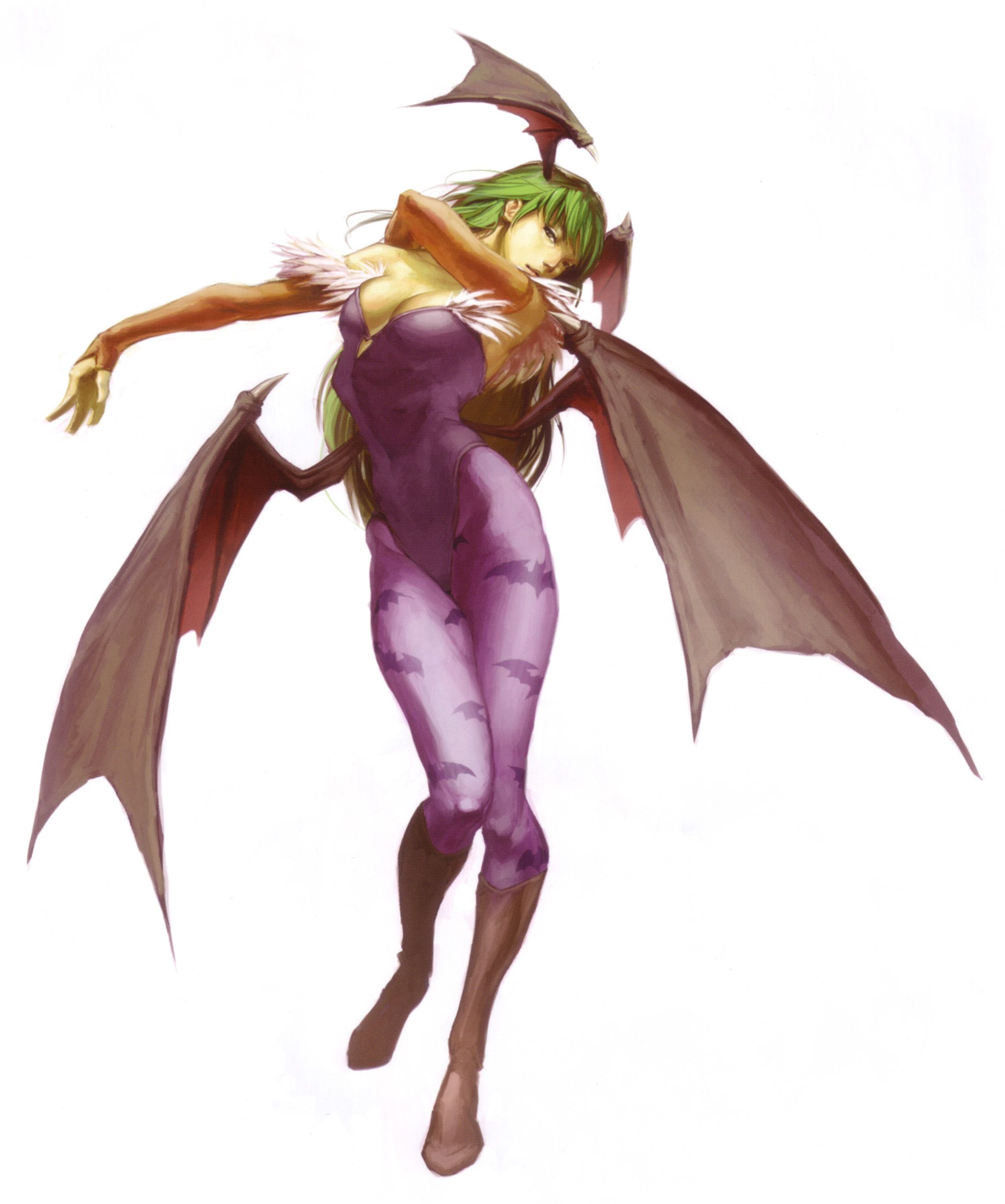 christine choi, udon entertainment, morrigan aensland, capcom, darkstalkers, absurdres, highres, official art, scan, 1girl, animal print, arched back, bare shoulders, bat (animal), bat print, bat wings, boots, breasts, bridal gauntlets, cleavage, demon girl, demon wings, female focus, full body, fur trim, gloves, green hair, head wings, highleg, highleg leotard, knee boots, large breasts, leotard, long hair, looking at viewer, outstretched arm, pantyhose, patterned legwear, print pantyhose, purple pantyhose, simple background, solo, standing, white background, wings
