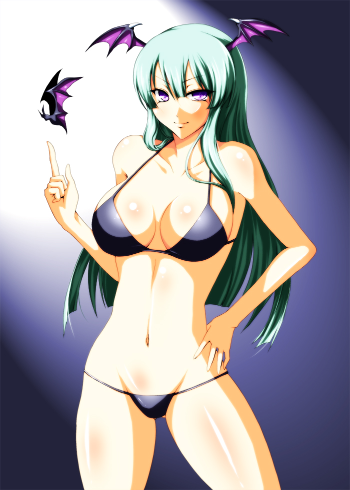 iwamoto eiri, morrigan aensland, capcom, darkstalkers, bad id, bad pixiv id, 1girl, bat (animal), bikini, green hair, hand on own hip, head wings, hip focus, long hair, purple eyes, swimsuit, very long hair, wings