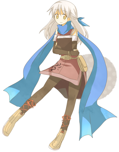 micaiah (fire emblem), fire emblem, fire emblem: radiant dawn, nintendo, silver hair, 1girl, bare shoulders, belt, black gloves, black pantyhose, blue scarf, book, boots, dress, elbow gloves, female focus, fingerless gloves, full body, gloves, hair ribbon, half updo, holding, holding book, hugging book, hugging object, long hair, pantyhose, ribbon, scarf, side slit, simple background, sleeveless, sleeveless dress, smile, solo, yellow eyes