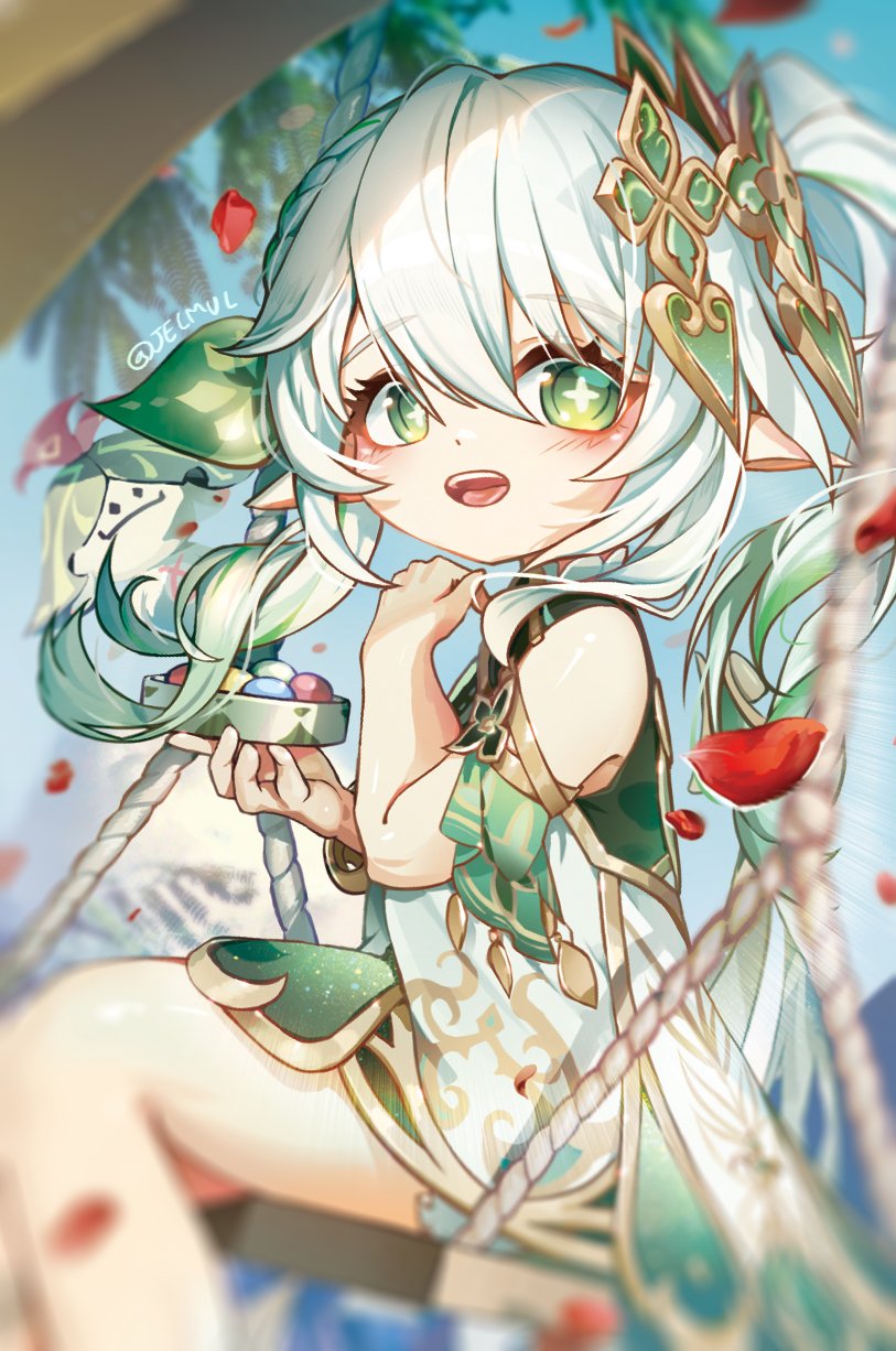 jelmul, aranara (genshin impact), nahida (genshin impact), genshin impact, commentary, highres, 1girl, bare shoulders, blush, detached sleeves, dress, falling petals, from side, gold trim, gradient hair, green eyes, green hair, green sleeves, hair between eyes, hair ornament, hands up, holding, leaf hair ornament, long hair, looking at viewer, multicolored hair, on swing, open mouth, petals, pointy ears, side ponytail, sitting, sleeveless, sleeveless dress, solo, swing, symbol-shaped pupils, teeth, twitter username, upper teeth only, white dress, white hair