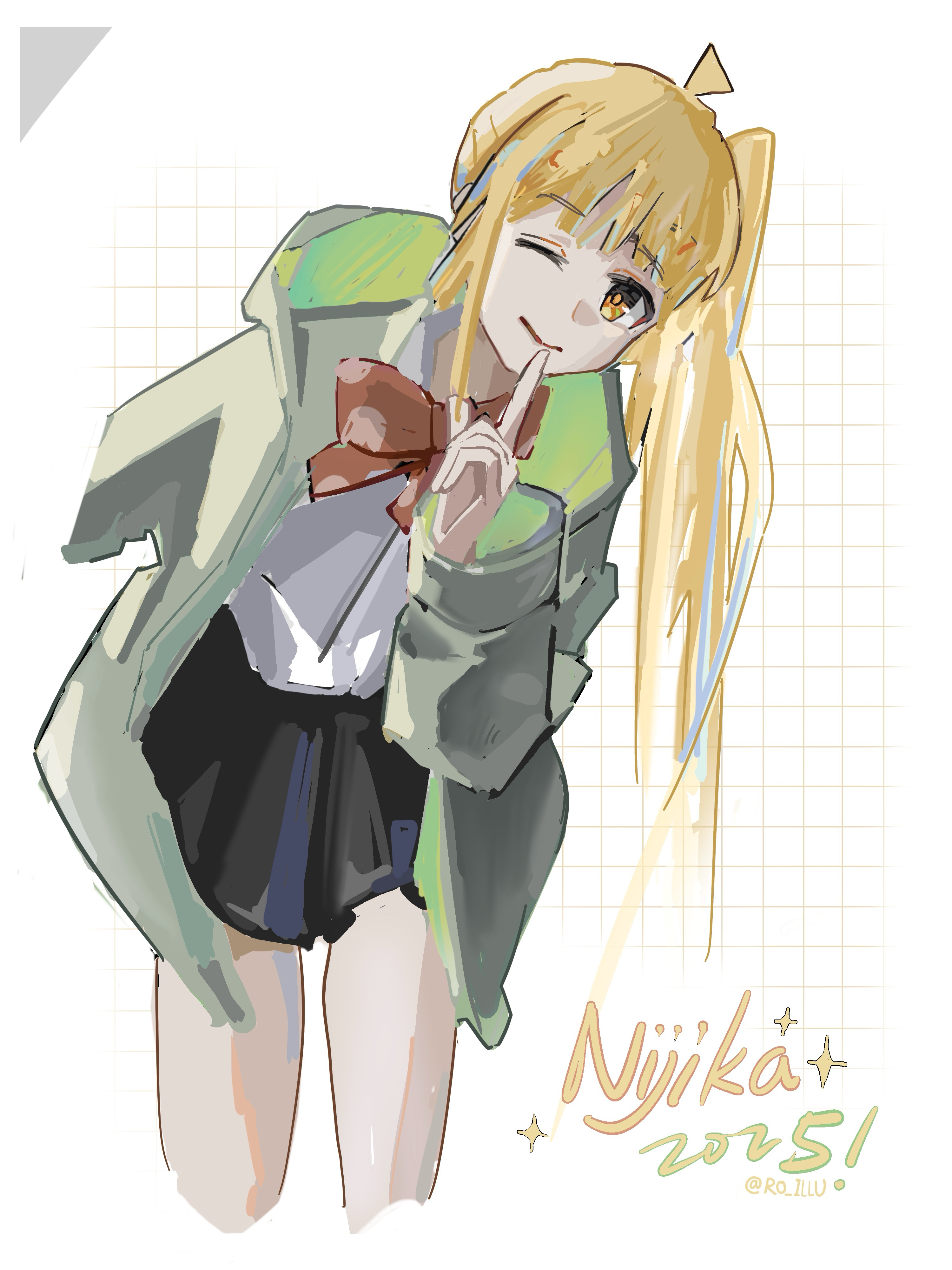 ijichi nijika, bocchi the rock!, absurdres, highres, 1girl, ahoge, artist name, black skirt, blonde hair, bow, bowtie, character name, closed mouth, cropped legs, dated, finger to mouth, green jacket, grid background, hand up, index finger raised, jacket, long hair, long sleeves, looking at viewer, one eye closed, open clothes, open jacket, polka dot, polka dot bow, polka dot bowtie, red bow, red bowtie, ro illu, school uniform, shimokitazawa high school uniform, shushing, side ponytail, skirt, smile, solo, standing, white background, wispy bangs, yellow eyes