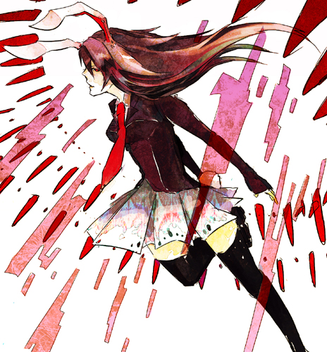 haku (pixiv), haku (shirogane), reisen udongein inaba, touhou, bad id, bad pixiv id, lowres, 1girl, animal ears, blazer, bullet, danmaku, female focus, jacket, long hair, necktie, purple hair, rabbit ears, red eyes, red necktie, solo, thighhighs