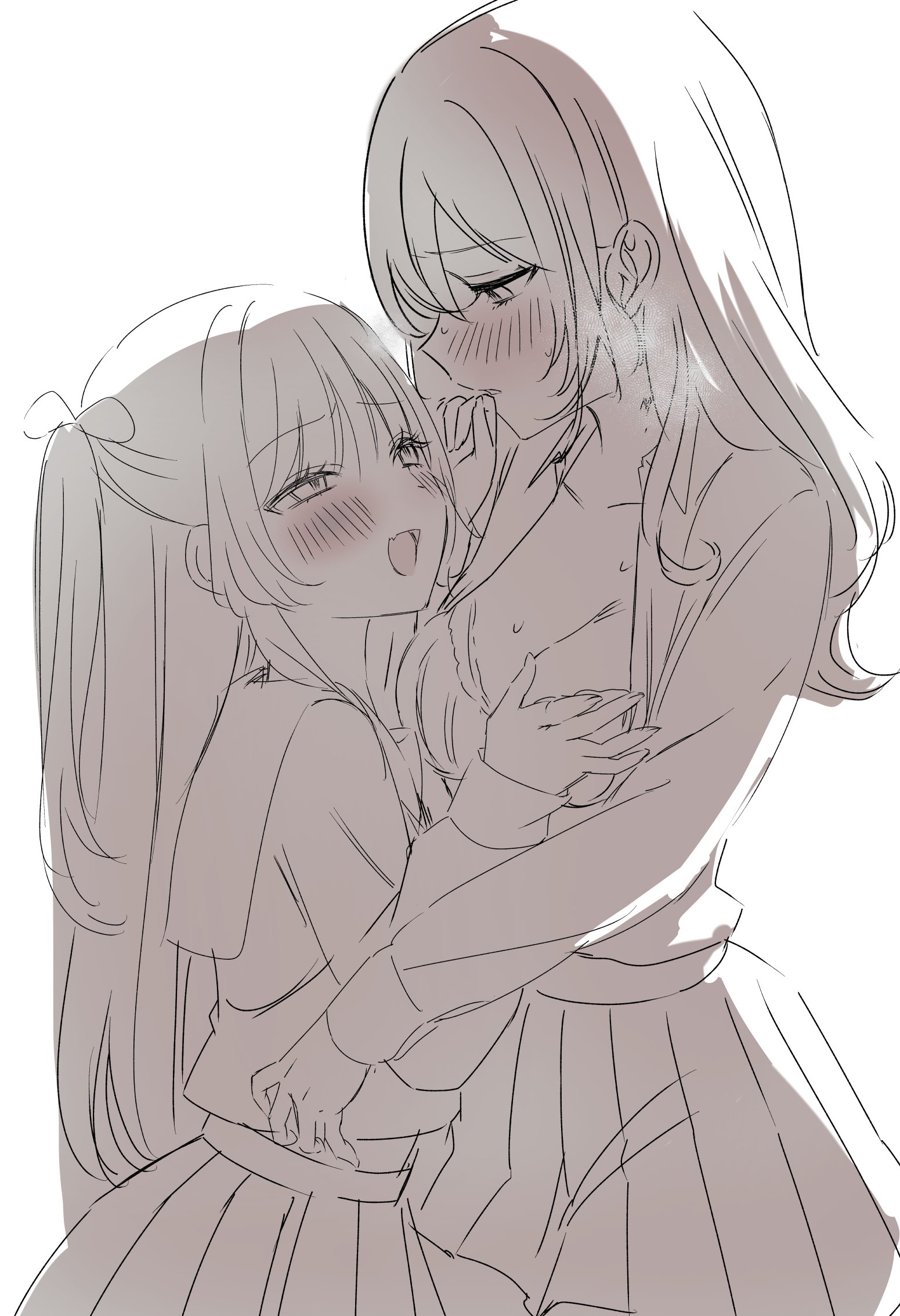 original, commentary request, highres, 2girls, blush, bra, breasts, cleavage, collared shirt, fang, grabbing another's breast, groping, height difference, hickey, large breasts, mkmtxx, multiple girls, open clothes, open mouth, open shirt, parted lips, pleated skirt, school uniform, serafuku, shirt, skin fang, skirt, smile, two side up, underwear, yuri