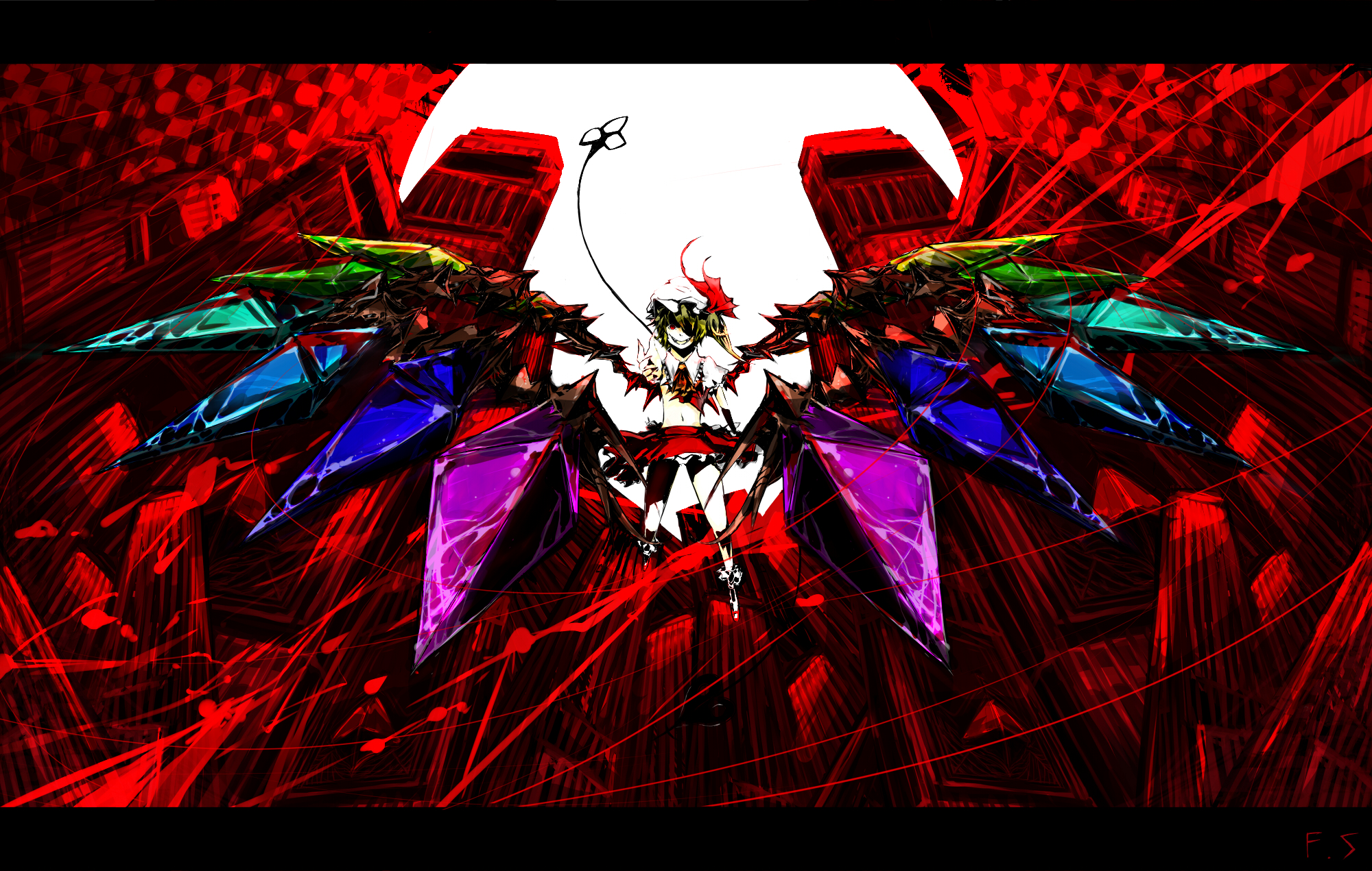 haku (pixiv), haku (shirogane), flandre scarlet, touhou, bad id, bad pixiv id, highres, 1girl, blonde hair, collared shirt, female focus, hat, laevatein, letterboxed, mob cap, ponytail, red background, red eyes, shirt, short hair, solo, white hat, wings