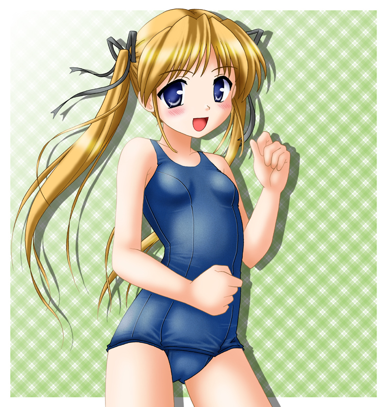 neopure, shibugaki matsuri, tsuki wa higashi ni hi wa nishi ni, 00s, blonde hair, blue eyes, hair ribbon, long hair, one-piece swimsuit, ribbon, school swimsuit, solo, swimsuit, twintails