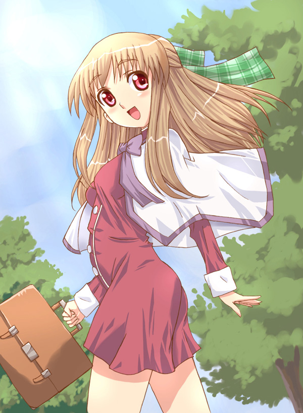 ef (artist), kurata sayuri, kanon, bag, brown hair, long hair, red eyes, ribbon, school uniform, solo