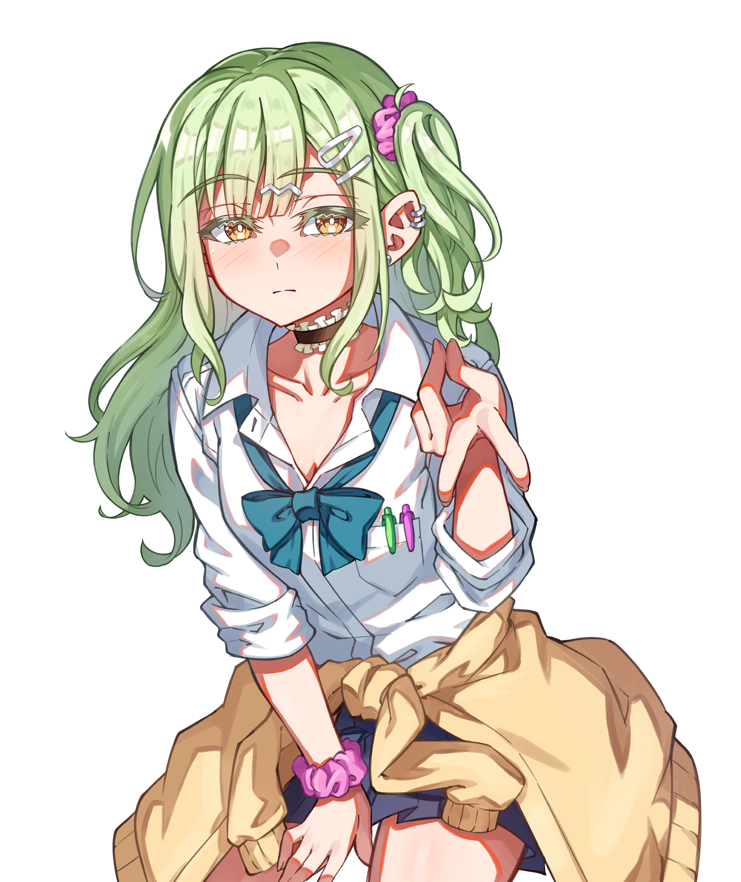 junji 17, wakaba mutsumi, bang dream!, bang dream! it's mygo!!!!!, absurdres, commentary, commission, highres, 1girl, animal ears, black choker, blue bow, blue bowtie, blue skirt, bow, bowtie, breast pocket, brown cardigan, cardigan, cardigan around waist, choker, clothes around waist, dress shirt, frilled choker, frills, green hair, gyaru, gyaru v, hair ornament, hair scrunchie, hairclip, long hair, one side up, pink scrunchie, pleated skirt, pocket, scrunchie, shirt, skirt, solo, three-quarter sleeves, v, white shirt, wrist scrunchie