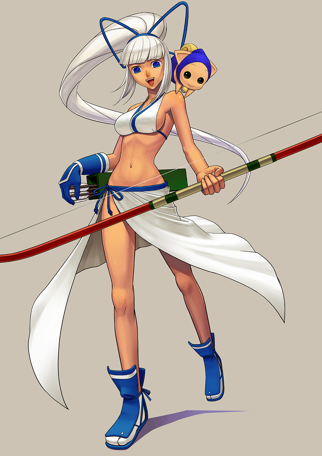 lotz, champuru, majikina mina, samurai spirits, snk, highres, 1girl, arrow (projectile), blue eyes, bow (weapon), breasts, female focus, gloves, large breasts, long hair, midriff, no panties, ponytail, ribbon, sandals, sideboob, single glove, solo, tabi, weapon, white hair