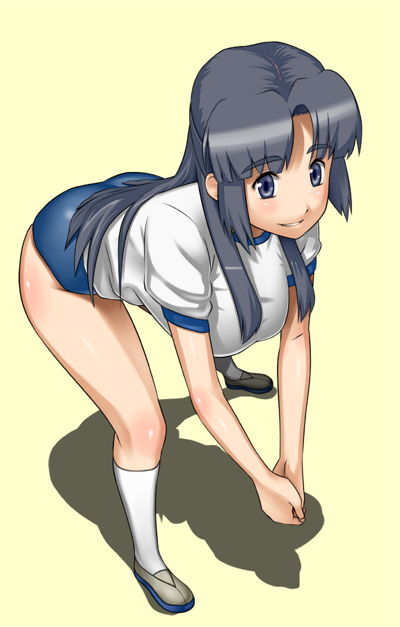 gonoike biwa, asakura ryoko, suzumiya haruhi no yuuutsu, bad id, bad pixiv id, 00s, 1girl, ball, bent over, blue eyes, blue hair, breasts, buruma, cleavage, female focus, gym uniform, kneehighs, legs, long hair, matching hair/eyes, shoes, socks, solo, uwabaki, volleyball, volleyball (object)