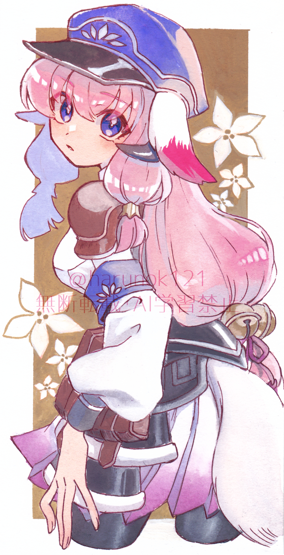 harunok121, hina (rune factory), rune factory, rune factory: guardians of azuma, adversarial noise, commentary, highres, 1girl, animal ears, armor, bell, belt pouch, black pantyhose, blue hat, breasts, flower, fox tail, gradient clothes, gradient skirt, hair bell, hair ornament, hat, horns, japanese armor, jingle bell, kusazuri, long hair, looking at viewer, medium breasts, miniskirt, open mouth, pantyhose, pauldrons, pink hair, pink skirt, pouch, purple eyes, shirt, shoulder armor, skirt, solo, tail, twitter username, white shirt