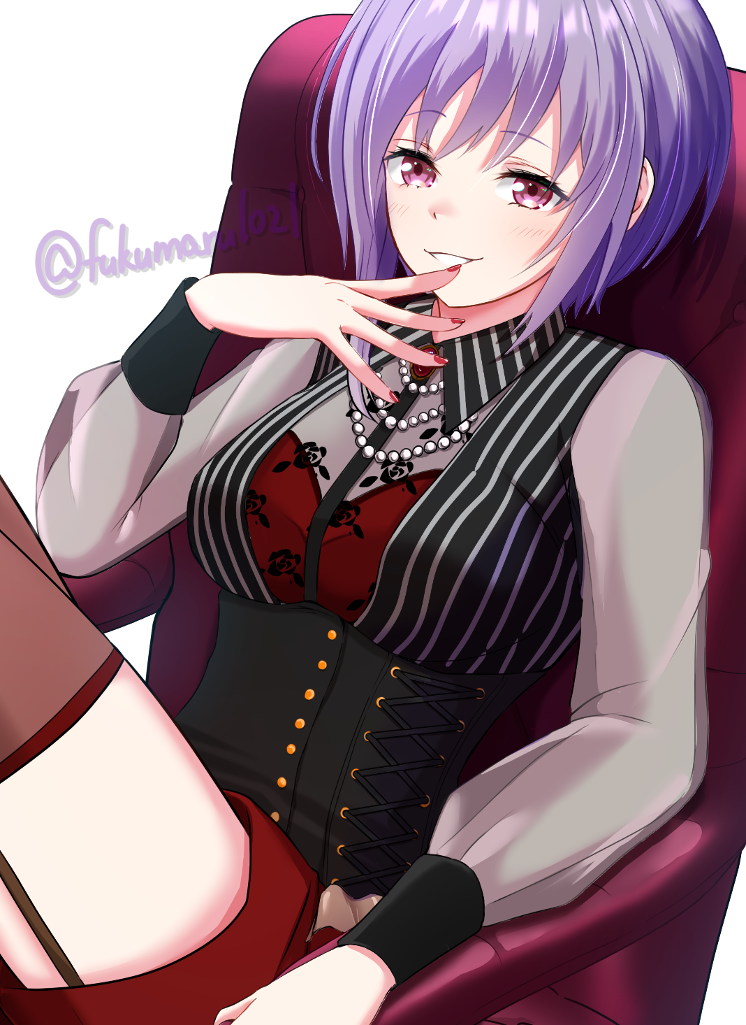 fukumaru1021, amoris (bang dream!), yuutenji nyamu, bang dream!, bang dream! it's mygo!!!!!, commentary, highres, 1girl, bead necklace, beads, black corset, blush, breasts, brooch, chair, corset, garter straps, grey shirt, jewelry, medium breasts, nail polish, necklace, open mouth, purple eyes, purple hair, red nails, red shorts, red thighhighs, see-through clothes, see-through sleeves, shirt, short hair, shorts, simple background, solo, thighhighs, white background