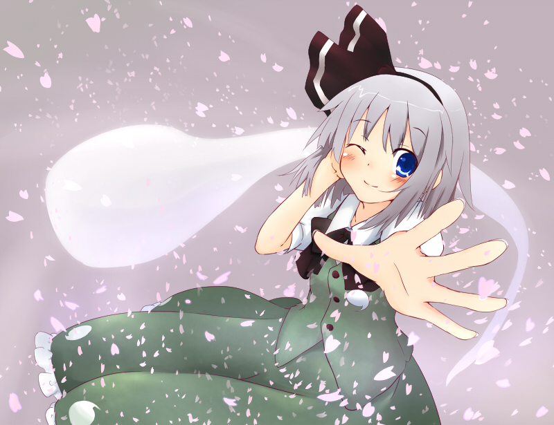 katanakko daisuki, katanako daisuki, katanakodaisuki, konpaku youmu, konpaku youmu (ghost), touhou, bad id, bad pixiv id, 1girl, blue eyes, blush, cherry blossoms, female focus, foreshortening, ghost, grey hair, hairband, hand in own hair, hitodama, one eye closed, outstretched hand, petals, ribbon, short hair, smile, solo, wink