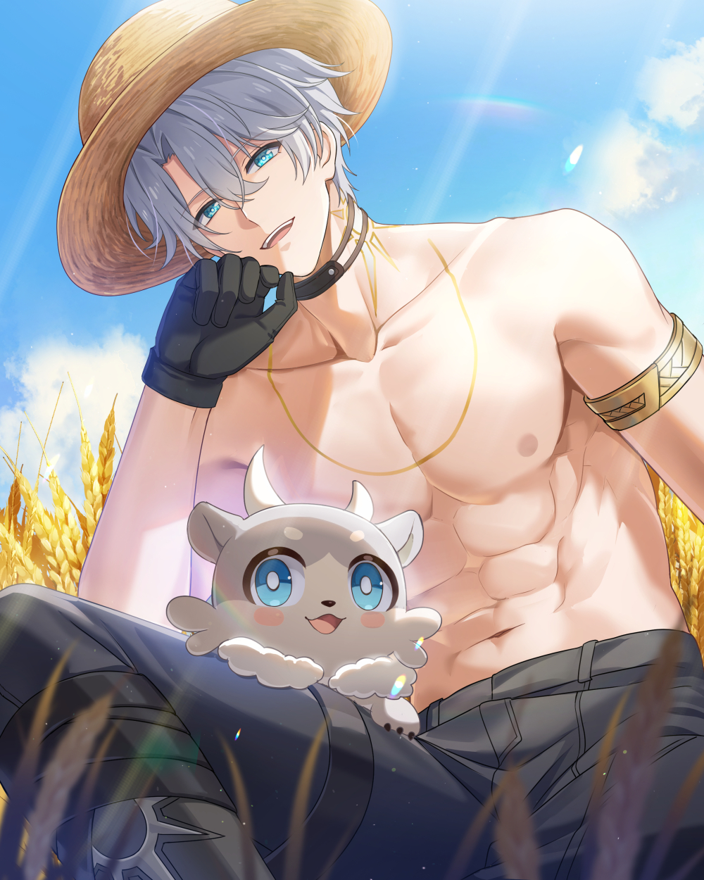 jiman, phainon (honkai: star rail), honkai: star rail, honkai (series), highres, 1boy, abs, antenna hair, aqua eyes, black choker, black gloves, black pants, chest tattoo, choker, gloves, gold trim, grey hair, hair between eyes, hat, horns, male focus, muscular, muscular male, neck tattoo, nipples, open mouth, pants, short hair, smile, solo, straw hat, tattoo, topless male