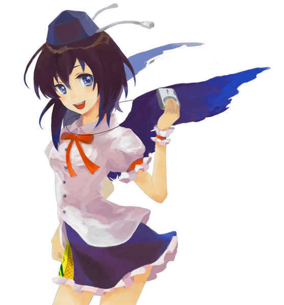 dabo mizuiromaka, shameimaru aya, touhou, 1girl, black hair, black wings, blue eyes, camera, female focus, hat, looking at viewer, open mouth, short hair, smile, solo, tokin hat, wings, wrist cuffs