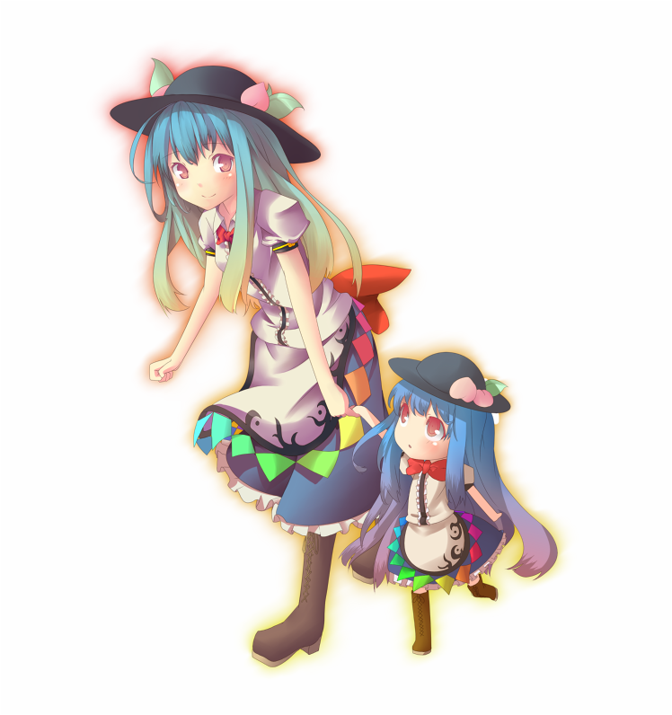 akeboshi kagayo, hinanawi tenshi, touhou, bad id, bad pixiv id, 2girls, aged down, child, dual persona, female focus, food, fruit, hat, holding hands, long hair, multicolored hair, multiple girls, peach, red eyes
