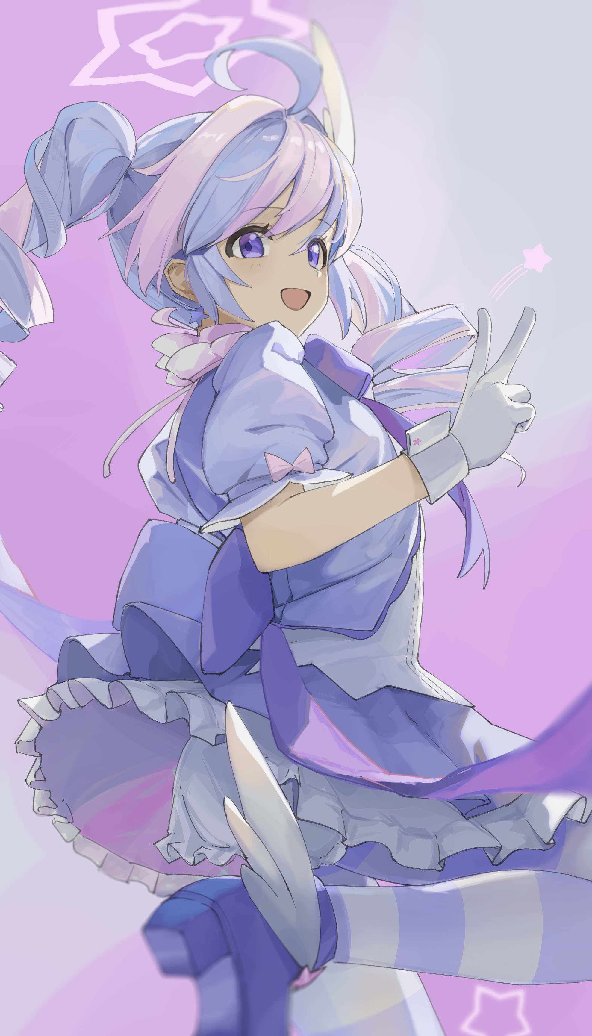 sercet, reisa (blue archive), reisa (magical) (blue archive), blue archive, absurdres, highres, 1girl, ahoge, dress, drill hair, gloves, halo, long hair, looking at viewer, magical girl, multicolored hair, official alternate costume, official alternate hairstyle, open mouth, pantyhose, pink hair, purple dress, purple eyes, purple hair, shoes, smile, solo, standing, standing on one leg, striped clothes, striped pantyhose, twin drills, twintails, v, very long hair, white gloves, white wrist cuffs, wrist cuffs