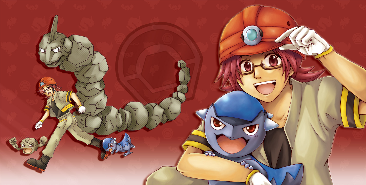 star light, cranidos, geodude, onix, roark (pokemon), nintendo, pokemon, pokemon dppt, bad id, bad pixiv id, 00s, 1boy, :d, gen 1 pokemon, gen 4 pokemon, glasses, gym leader, helmet, male focus, open mouth, pokemon (creature), red eyes, red hair, smile