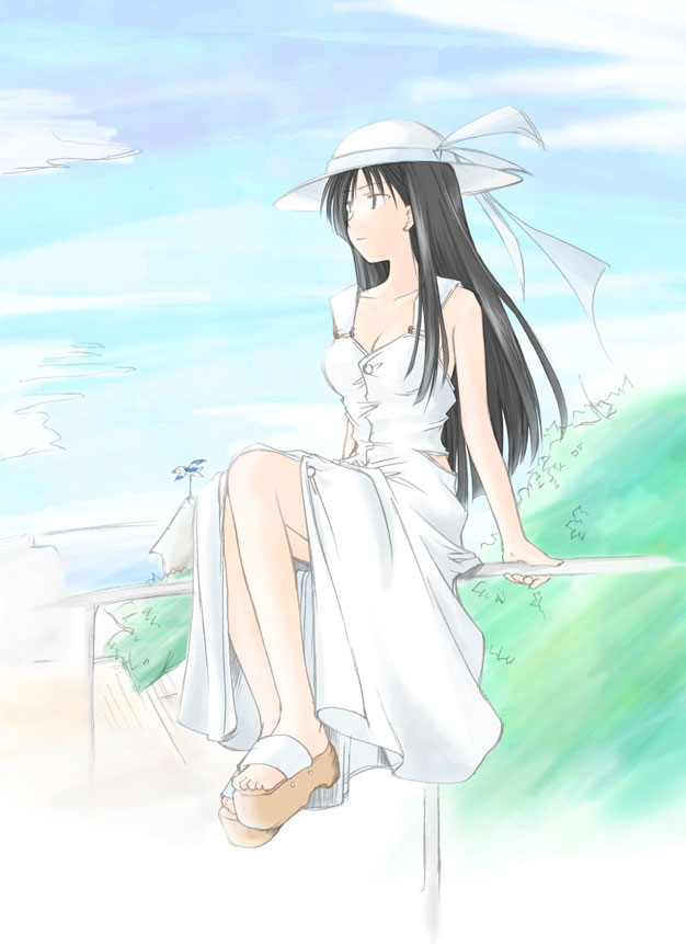 kanna hisashi, original, 1girl, black hair, day, dress, female focus, hat, long hair, nature, outdoors, platform sandals, sandals, sitting, sky, solo, sundress