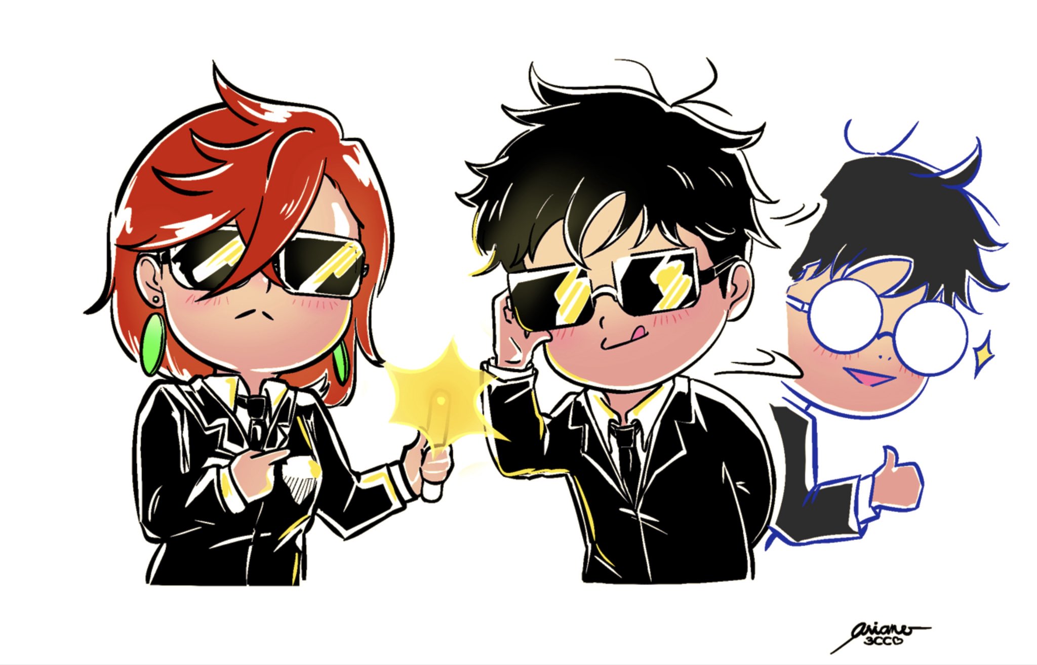 ayase momo, takakura ken (dandadan), dandadan, men in black, commentary, english commentary, highres, making-of available, 1boy, 1girl, :<, :q, adjusting eyewear, ariane (arianedotco), arm behind back, artist name, black hair, black jacket, black necktie, blush, bob cut, brown hair, chibi, chibi only, closed mouth, collared shirt, cosplay, cropped torso, crossed bangs, dress shirt, earrings, flashing, formal clothes, glasses, hair between eyes, holding, jacket, jewelry, licking lips, long sleeves, loose hair strand, medium hair, messy hair, motion blur, motion lines, necktie, neuralyzer, opaque glasses, parted lips, pendant earring, pointing, pointing at object, rectangular eyewear, round eyewear, serious, shirt, side-by-side, signature, simple background, smile, sparkle, suit, suit jacket, sunglasses, thumbs up, tongue, tongue out, wavy hair, white background, white shirt