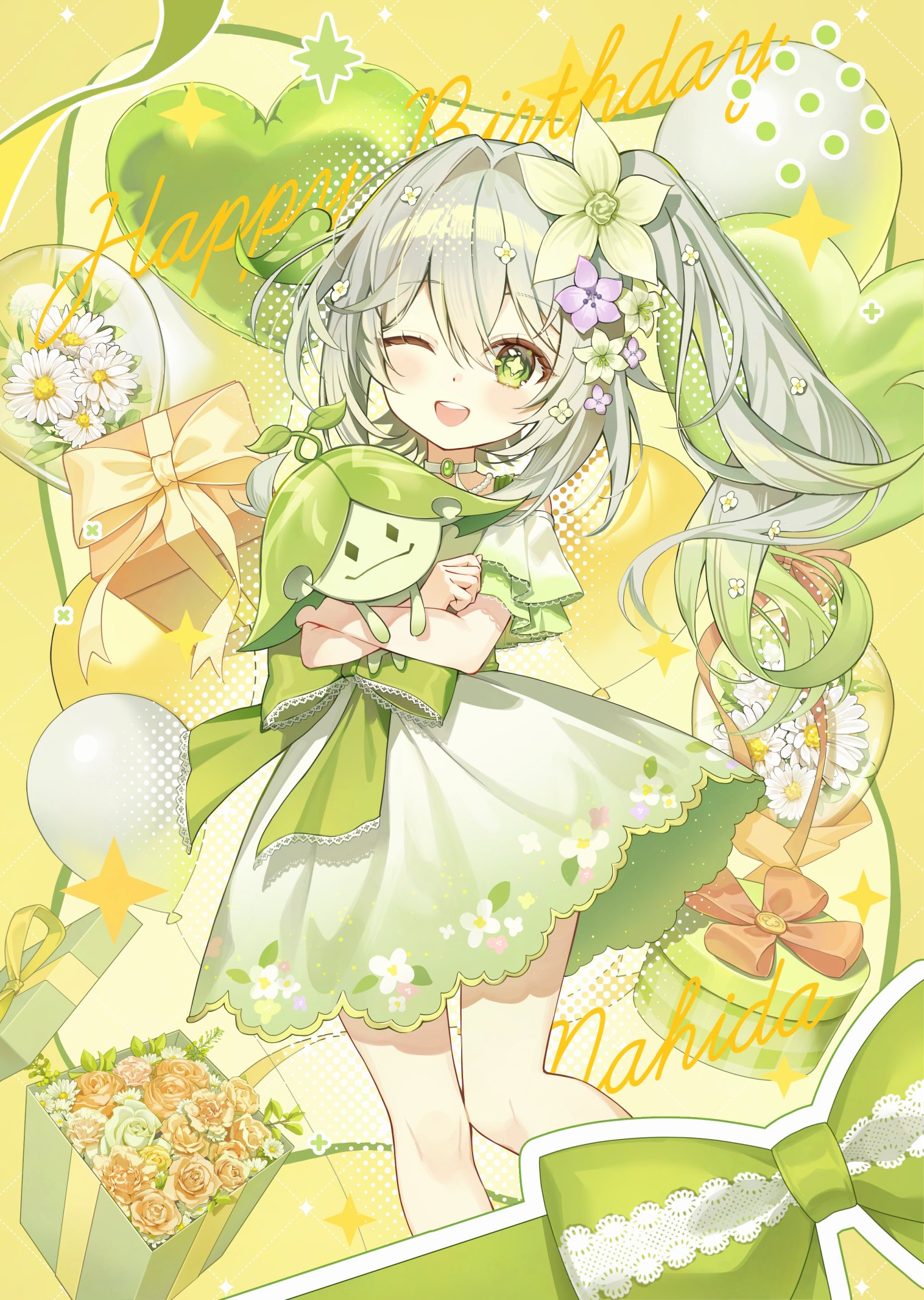 pine (angel4195202), aranara (genshin impact), nahida (genshin impact), genshin impact, commentary, highres, 1girl, ;d, adapted costume, balloon, bare shoulders, character name, cross-shaped pupils, dress, flower, gift, gradient clothes, gradient dress, gradient hair, green dress, green eyes, green hair, hair between eyes, hair flower, hair ornament, happy birthday, heart balloon, holding, leaf hair ornament, long hair, looking at viewer, multicolored hair, one eye closed, open mouth, pointy ears, purple flower, side ponytail, sleeveless, sleeveless dress, smile, solo, symbol-shaped pupils, teeth, upper teeth only, white dress, white flower, white hair